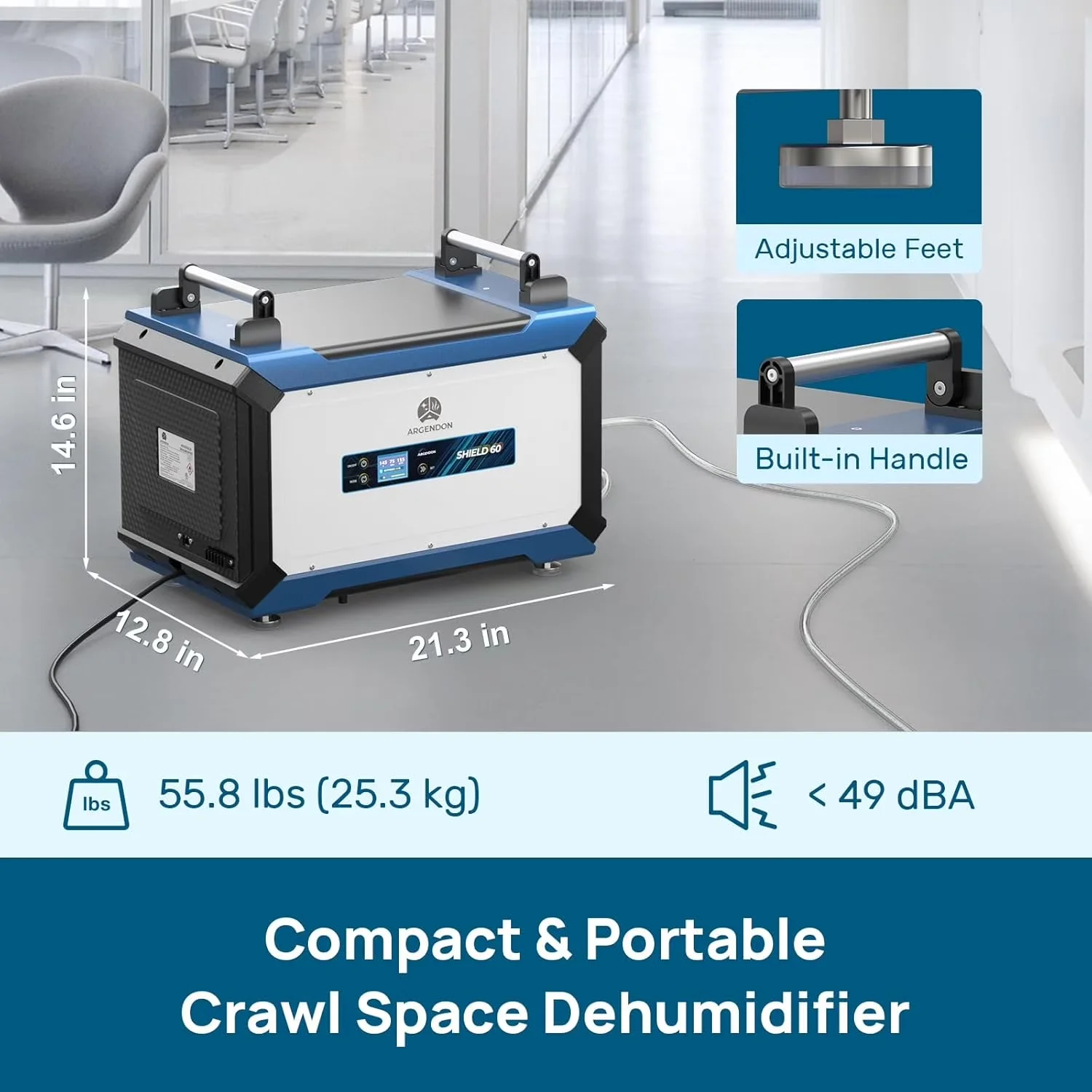 Modern Dehumidifier with Product Specifications, ③Saturation removal capacity: 145 Pints, ②AHAM removal capacity: 60 Pints - Blue... Model 4551E0