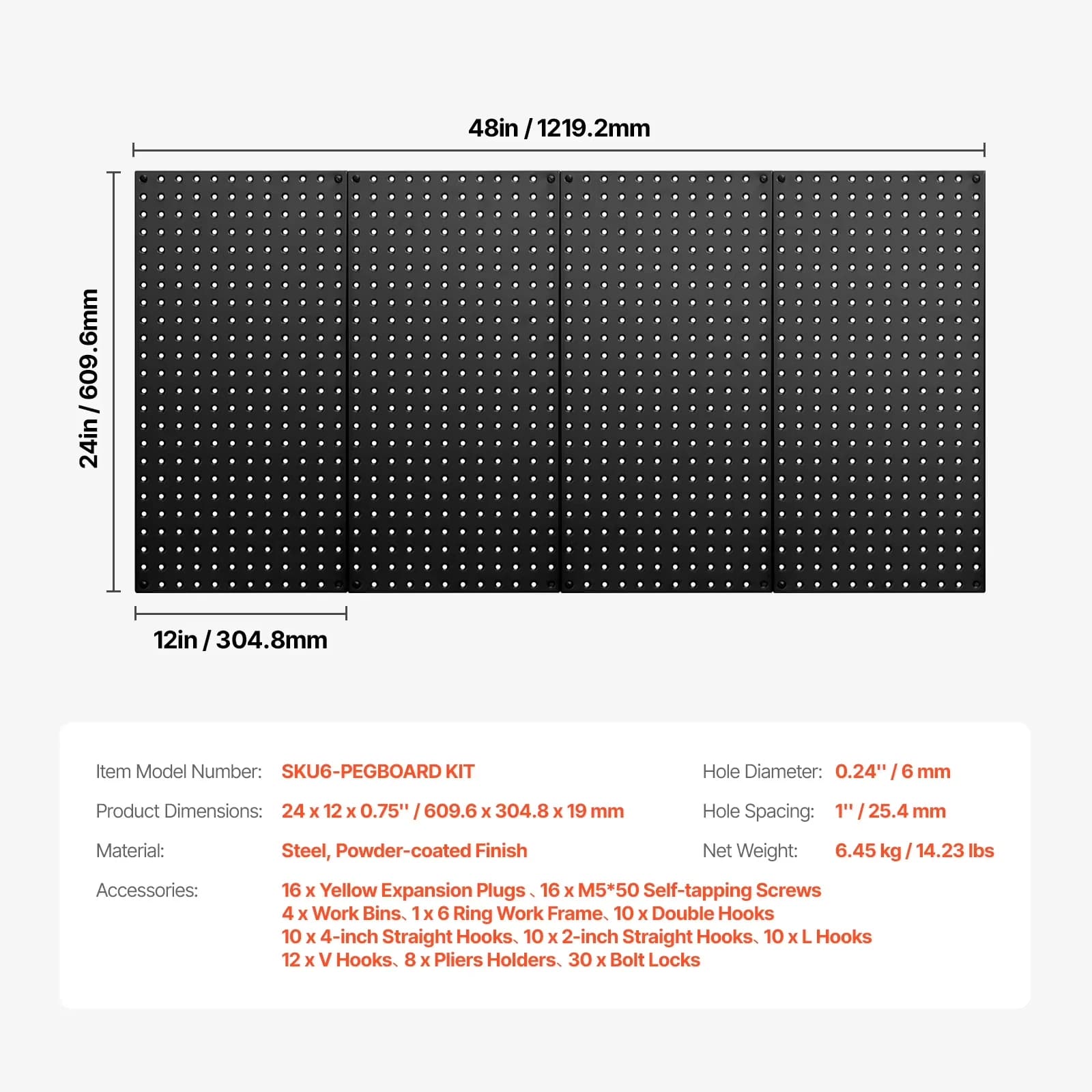 Quality Garage Storage Supply with 24" x 12" Board, Additional Items - Abs Black Model 6C0331