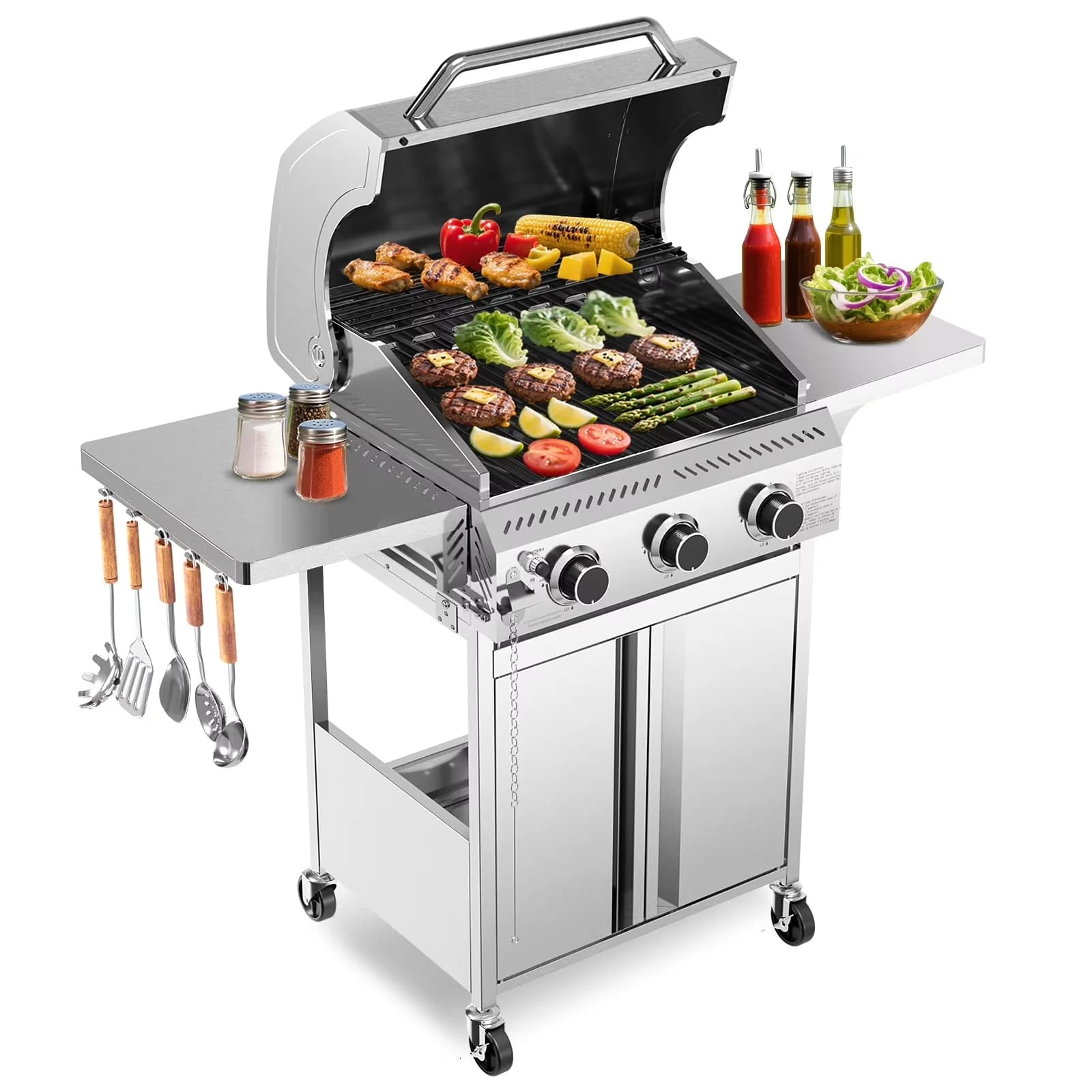Professional Gas Grill with 24000 BTU, Grease Pan - Silver Steel for Outdoor, Patio Model 03B089