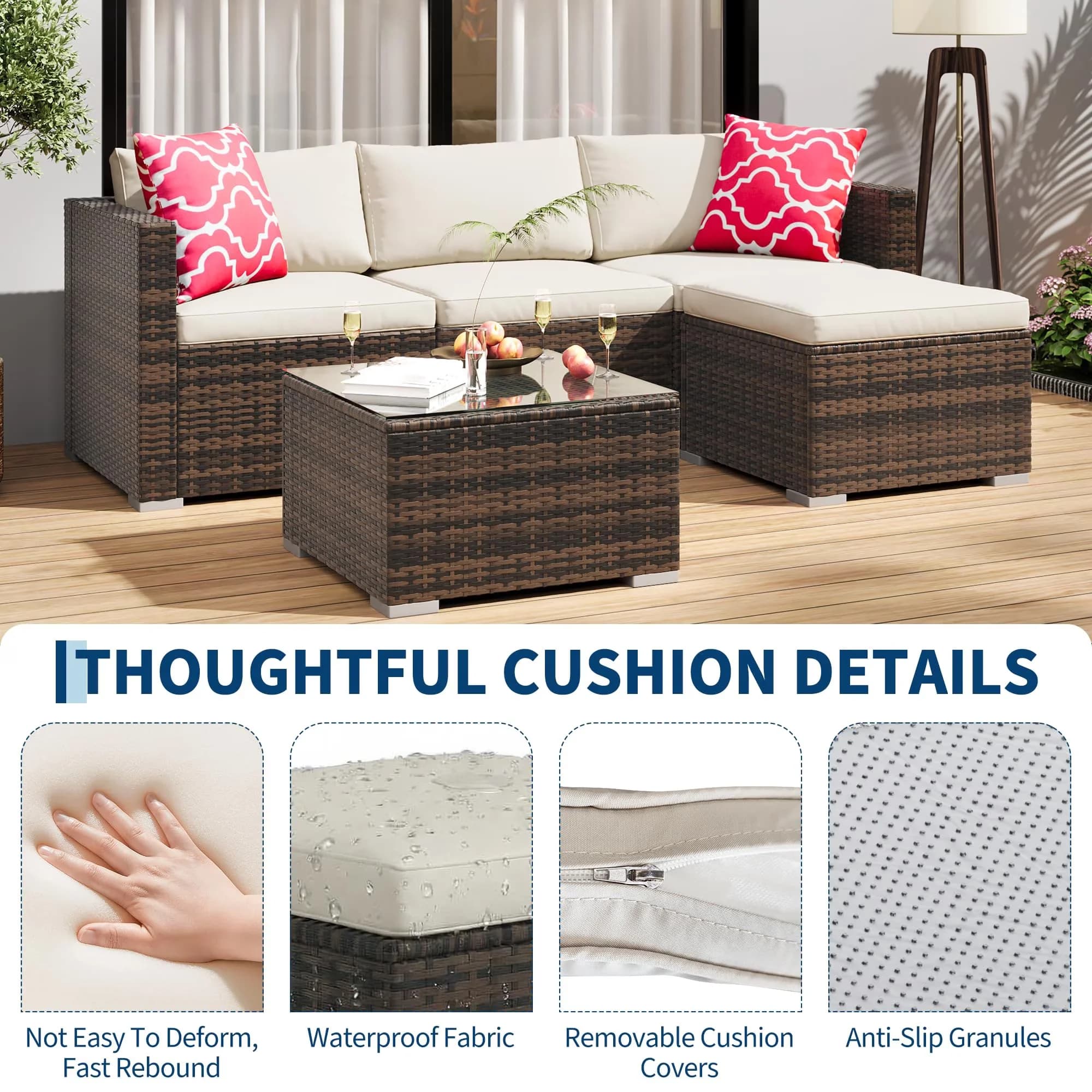 Versatile Patio Conversation Set with L-Shaped Outdoor, Cushions, Glass Top Storage Table & Footstool - Model DB83F4