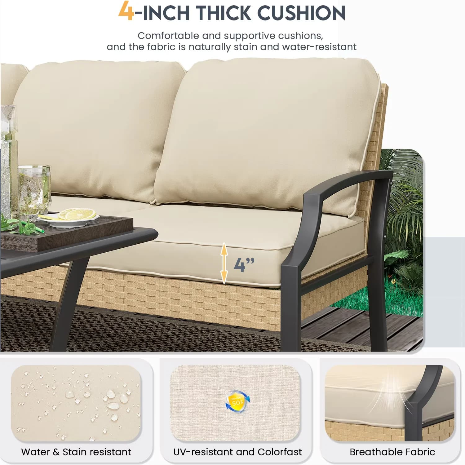 Classic Patio Conversation Set with Weatherproof, Three Seat Sofa: 74"x29"x32.3”, Furniture Sets On Sale - Rattan, Metal Beige for Garden Model CD9D56