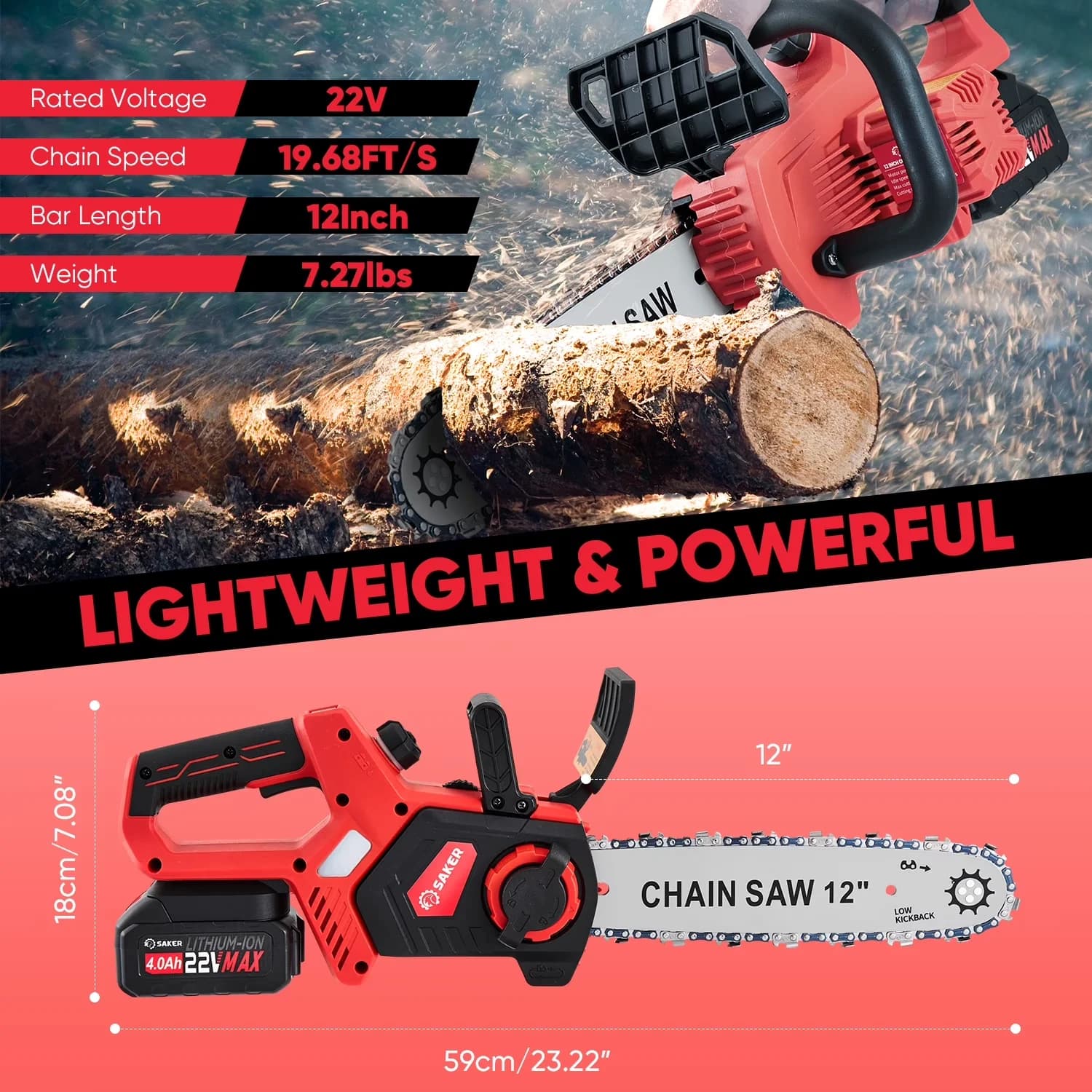 Durable Chainsaw with Battery, LED, 12" 22V 4.0Ah Battery Powered - Quality Construction Model A6A650