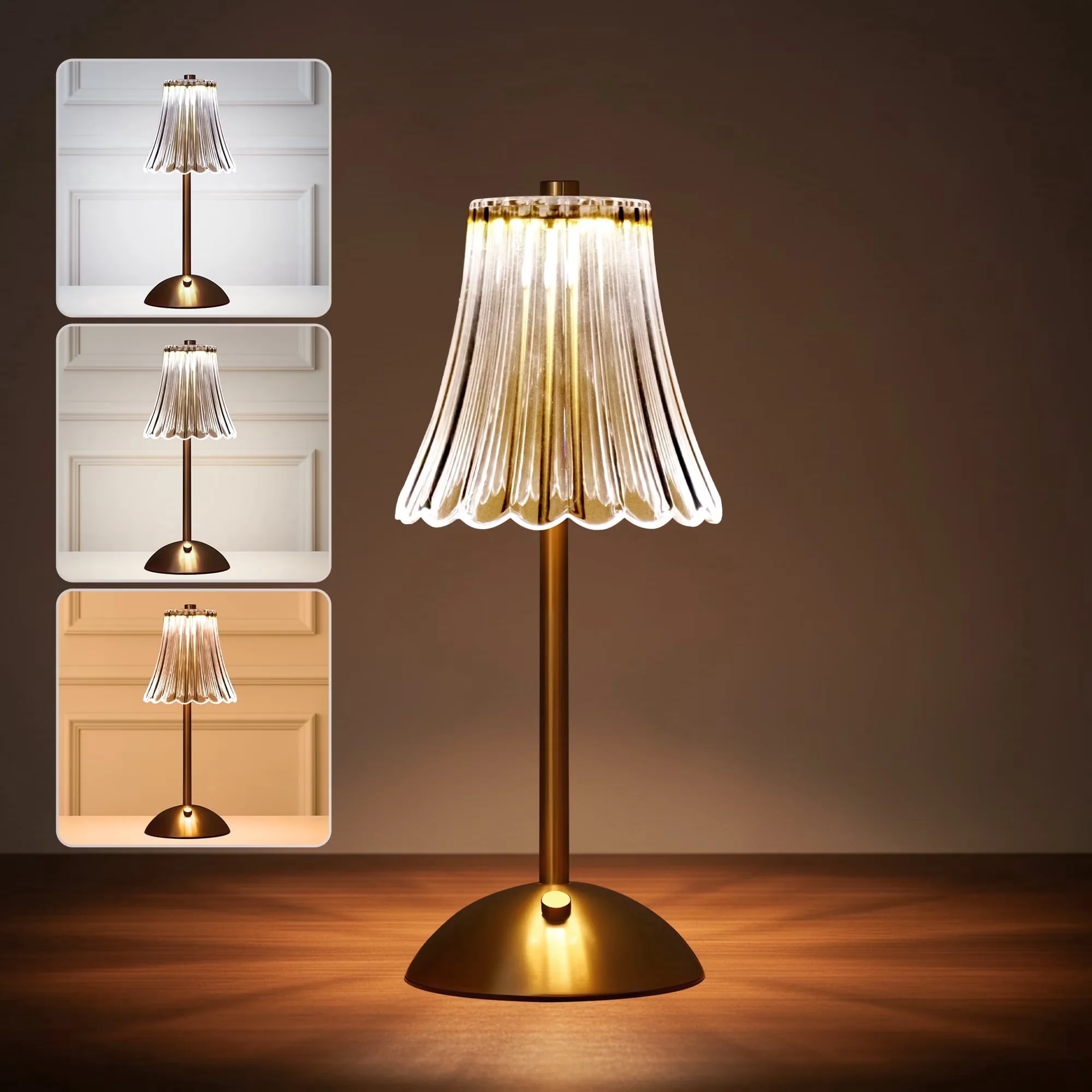 Stylish Lamp with LED, Dimmable, Touch Sensor - Metal, Glass Clear, Gold for Office, Home Model DADBAB