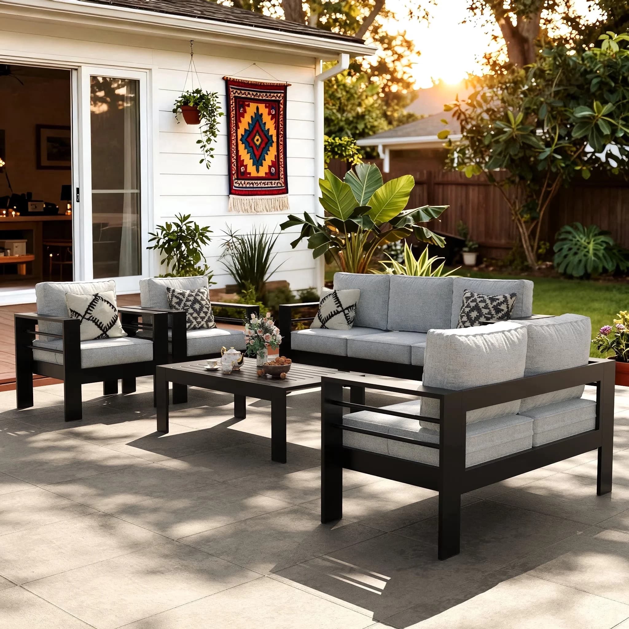 Stylish Patio Conversation Set with Coffee Table, Outdoor Aluminum Furniture - Model 18B2D1
