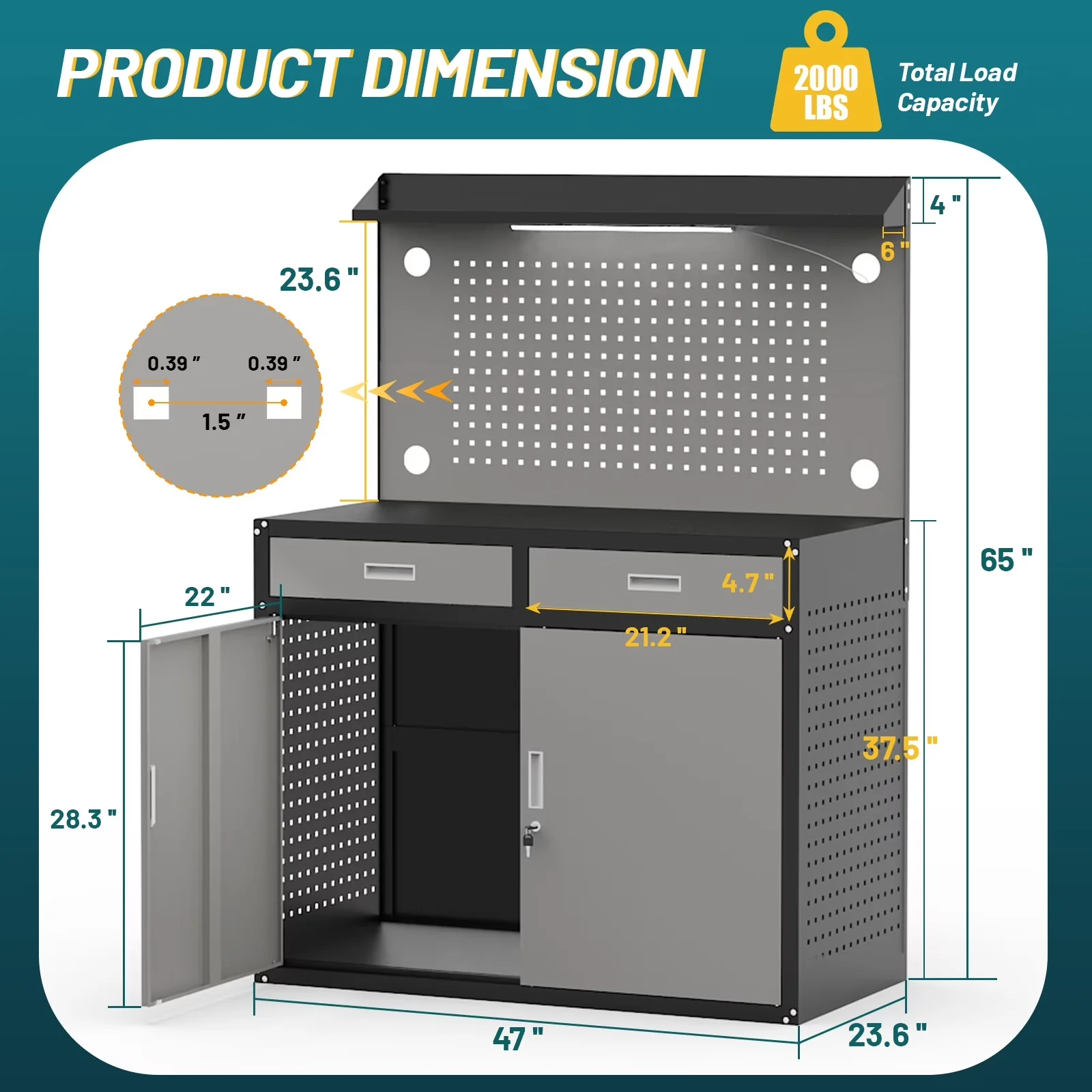 Stylish Toolstorage with LED, Lockable, Pegboard Organiser - Steel for Garage Model 622DAC