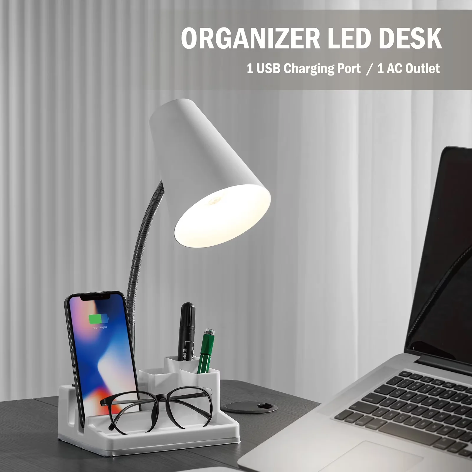 Desk Lamp Versatile with LED, Adjustable Head, 15-inch Adjustable - White Plastic Model 7B4FD5