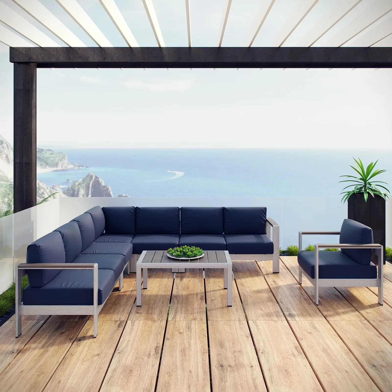 Essential Outdoor Sofas Sectional with Water-Resistant, Contemporary - Silver Fabric Model 43B6D6