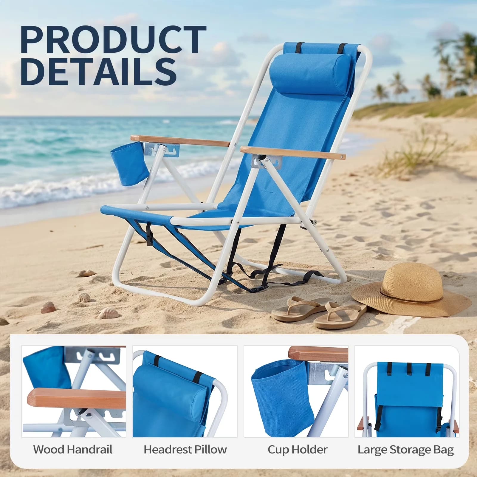 Reliable Beach Chair with Outdoor 4-Level Adjustable Folding, Protable Seating, Blue - Blue Model B4A47A