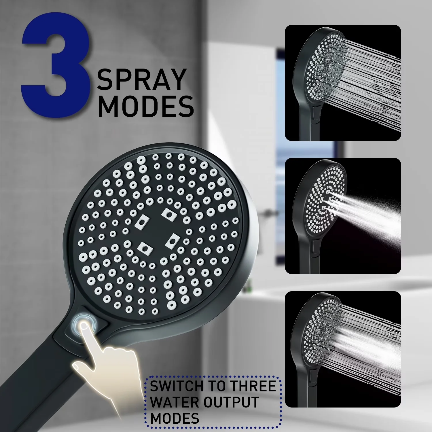 Essential Shower Head with 3-Way, Black, 12 Inch High-Pressure Rain Combo - Black Metal Model BEA475