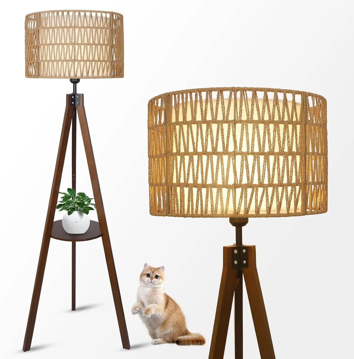 Versatile Floor Lamp with LED, Dimmable - Brown Wood for Living Room, Bedroom Model C19756