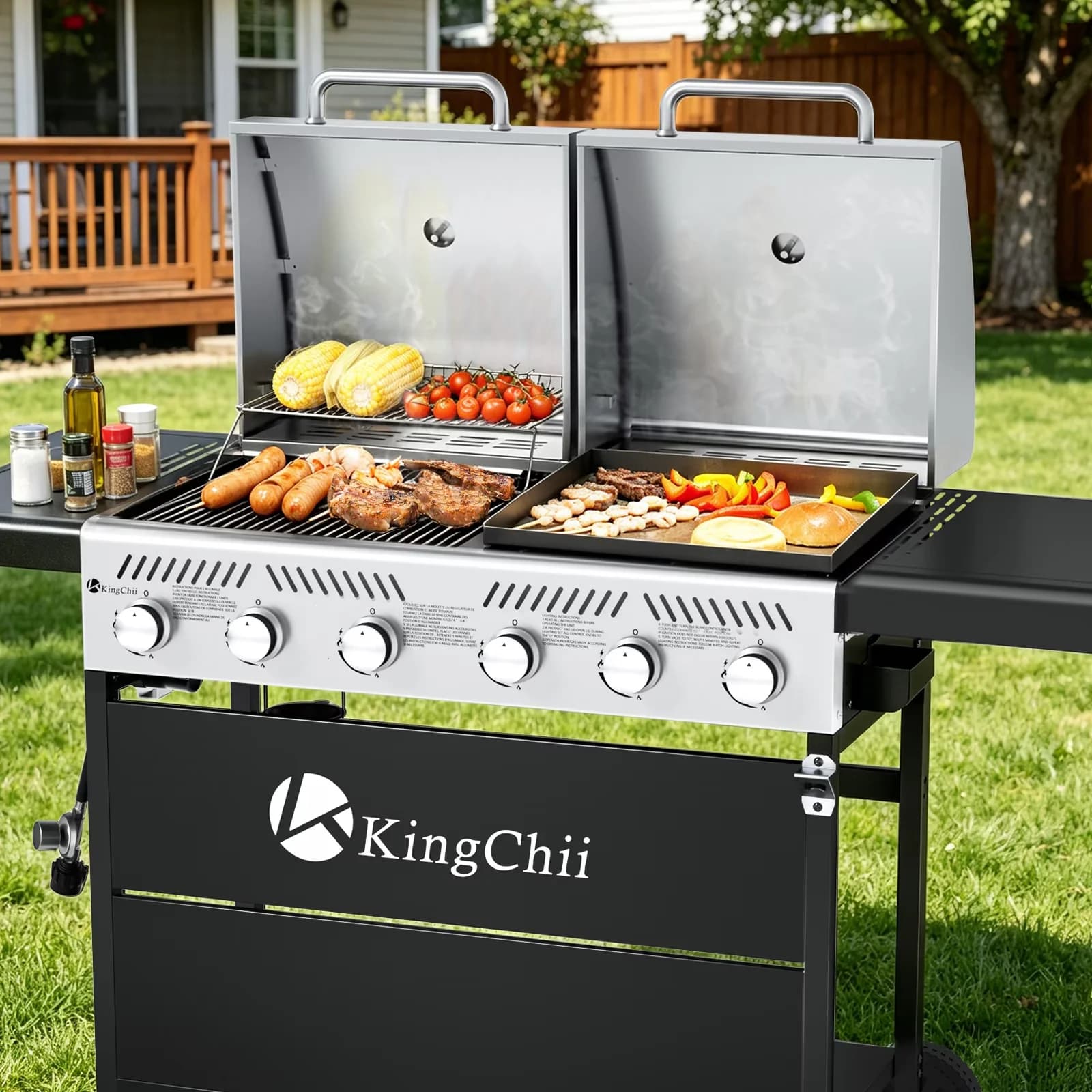 Reliable Gas Grill with 45000 BTU, Tool Holder - Gas Grill And Griddle Combo Stainless Steel + Cast Iron Model 70FDAD