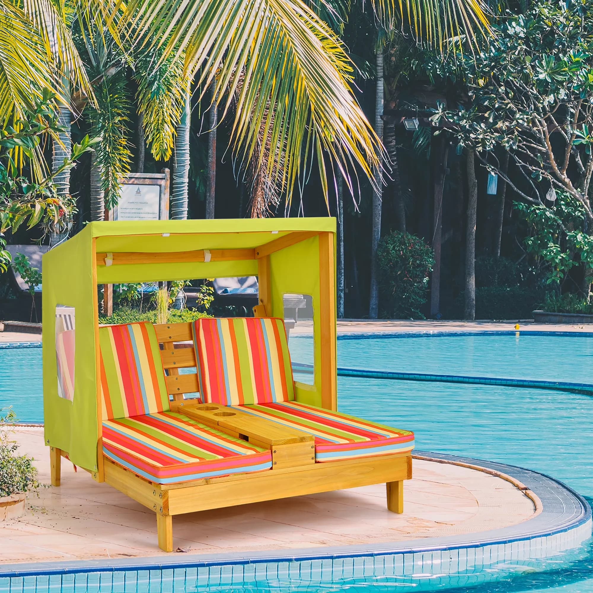 Patio Chair Essential with Canopy, Kids Double Chaise Lounge Lounge, Cup Holders & Awning Colorful - Fir Wood, Fabric, Sponge Model CC3282