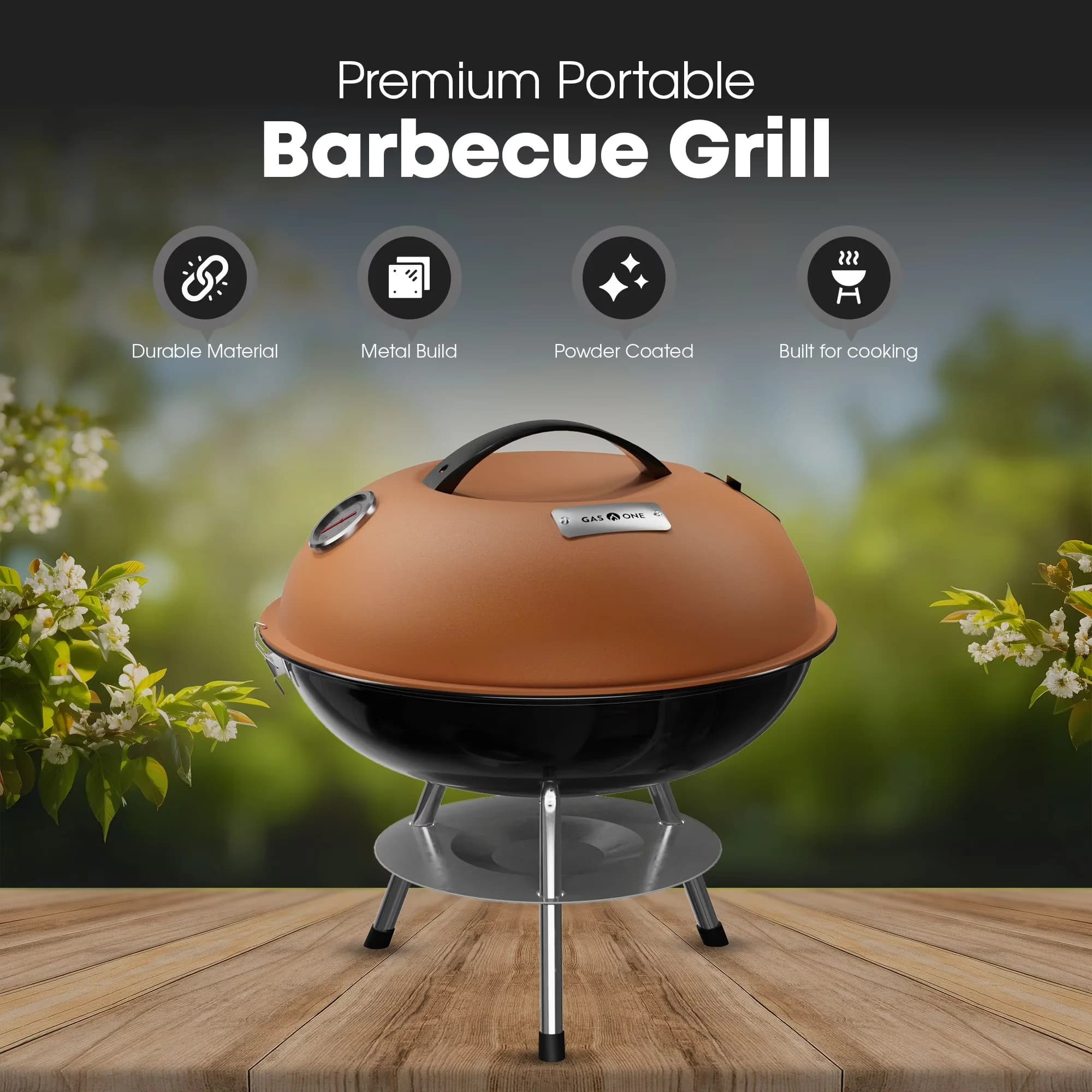 Sleek Charcoal Grill with Portable, 3-Point Locking Lid - Metal Brown for Small, Camping Model 446300
