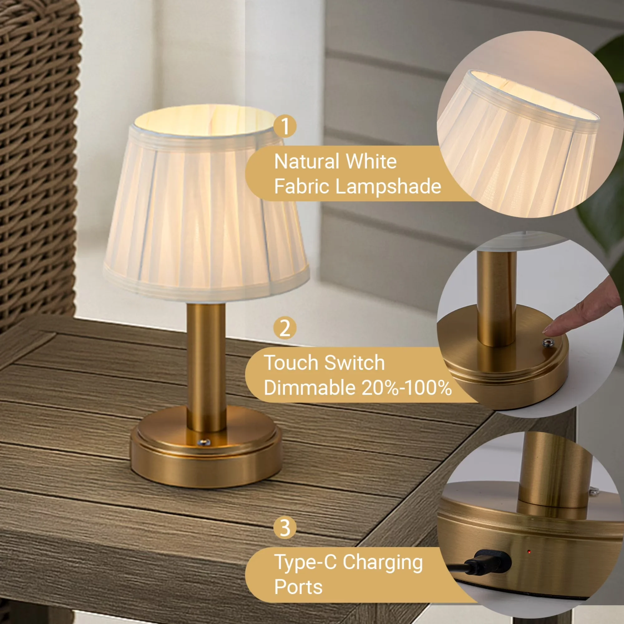 Reliable Table Lamp with LED, Battery, Touch Sensor - Gold, Beige Iron,Fabric Model 2A3E47