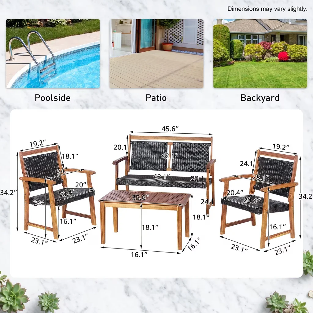Modern Patio Conversation Set with Single Sofas & Coffee Table, Solid Acacia Wood Frame, Weather-Resistant PE Rattan Loveseat -... Model 0FB0B2