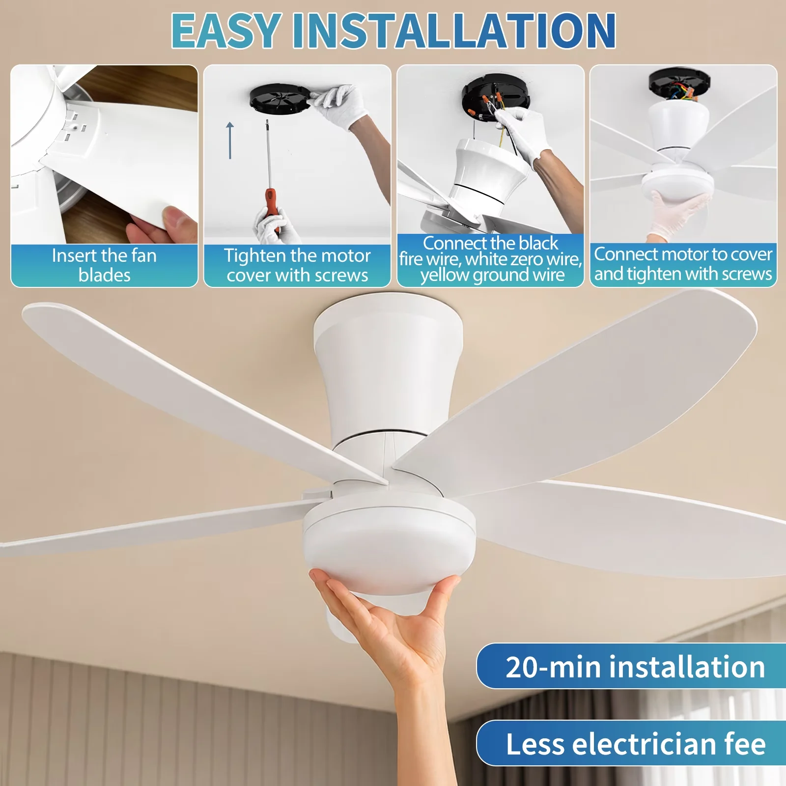 Ceiling Fan Stylish with LED, Energy Efficient - White for Bedroom, Kitchen Model 444CC6