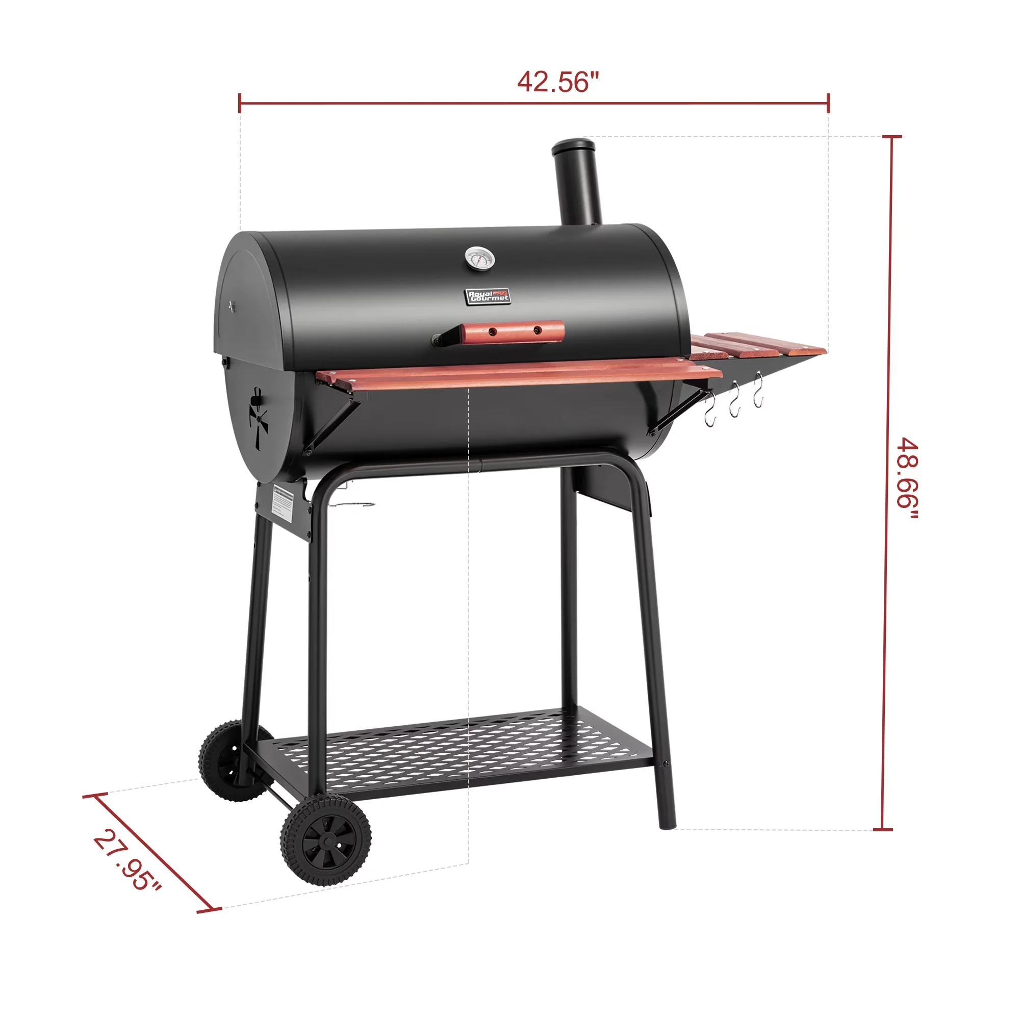 Charcoal Grill Durable with Warming Rack, 30" Barrel, Wood-Painted Side Table and Front Table - Porcelain Enamel, Steel, Chrome... Model 1F9282