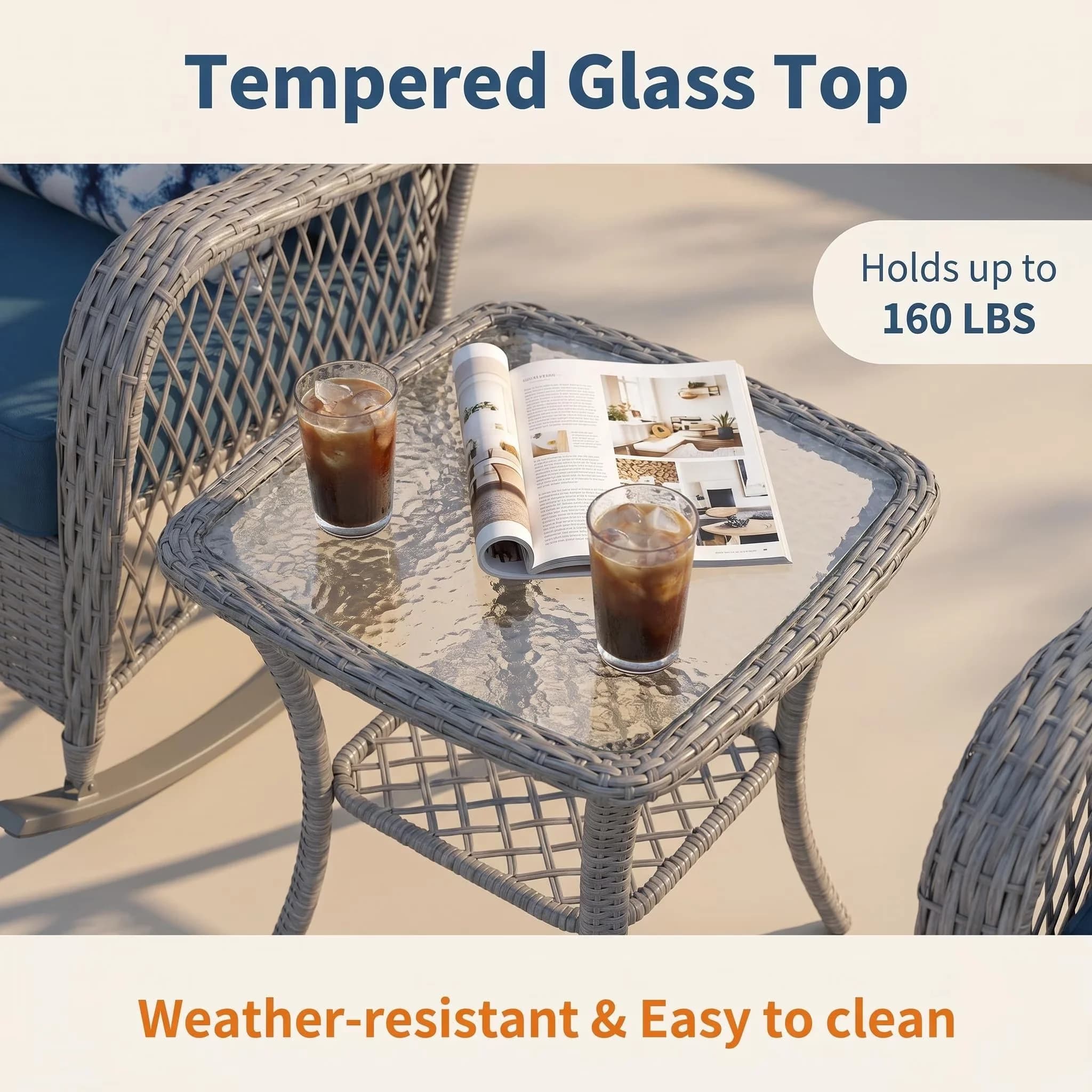Stylish Patio Conversation Set with Waterproof, Rattan Outdoor Rocking Bistro - Pe Wicker Blue Model 3C71FD
