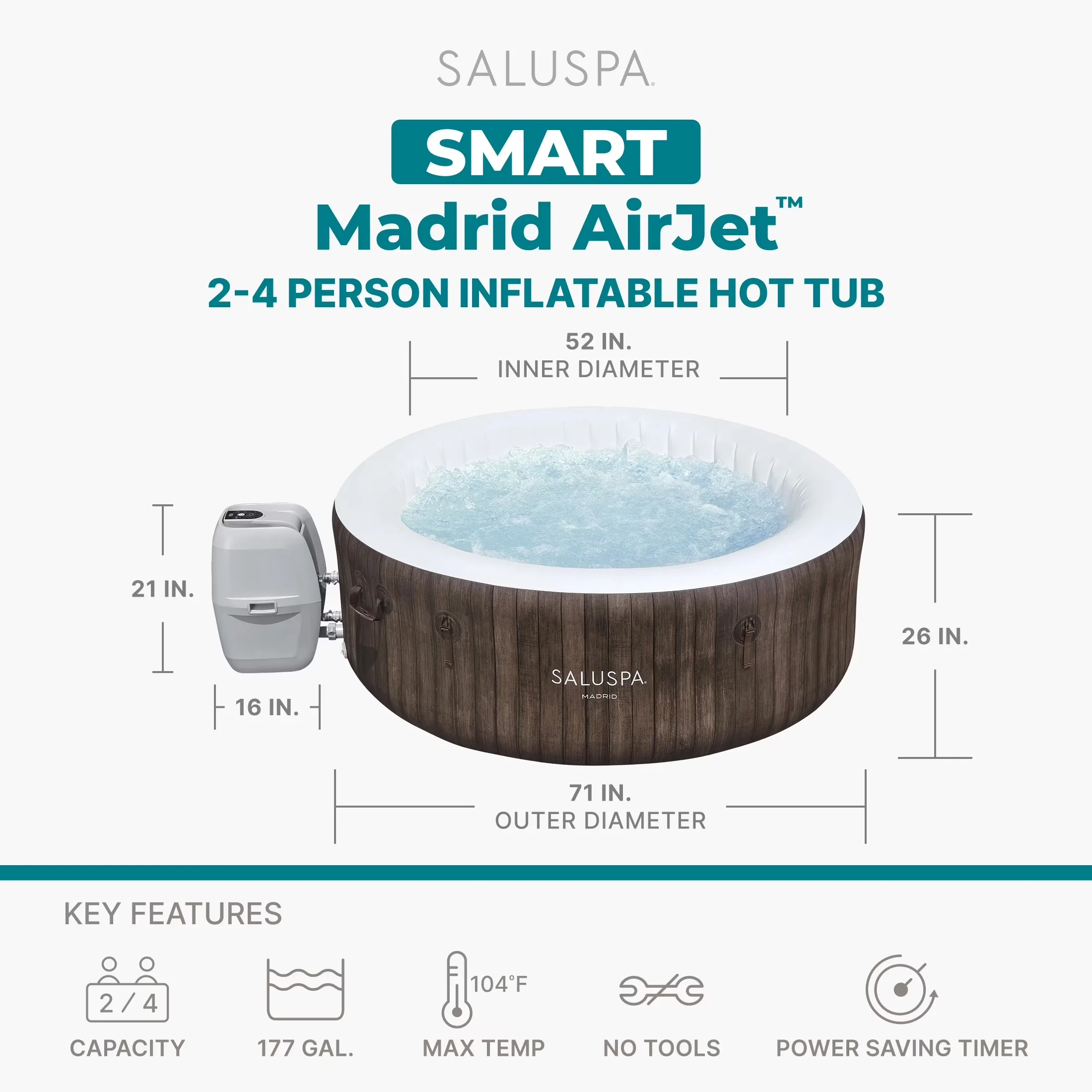 Modern Hot Tub with Inflatable, App Control 2-4 Person, Pump # - Brown Model 1D79F1