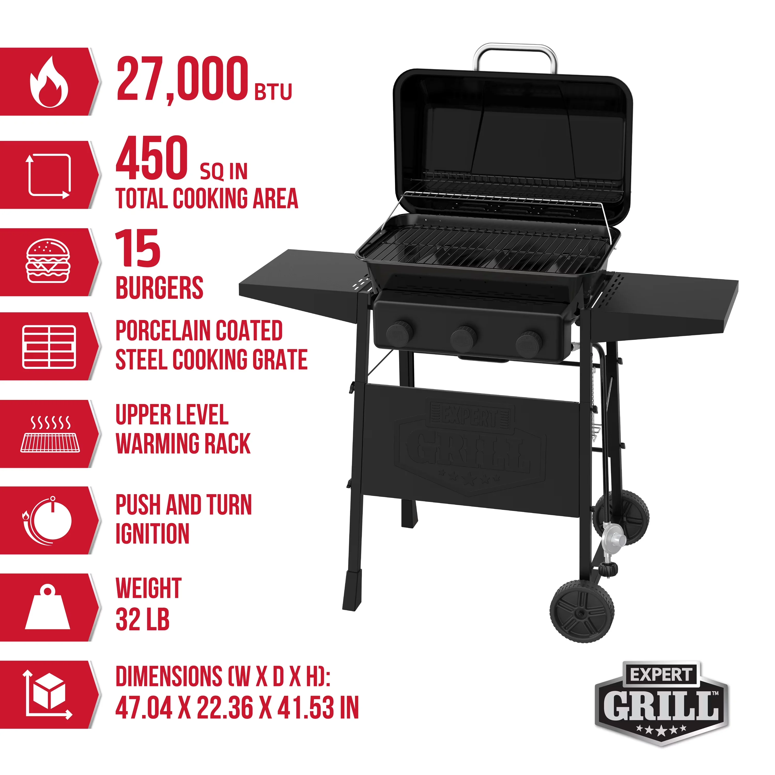 Premium Gas Grill with Warming Rack, Wheels and Side Shelves, Black - Powder-Coated Steel Model 8C34E2