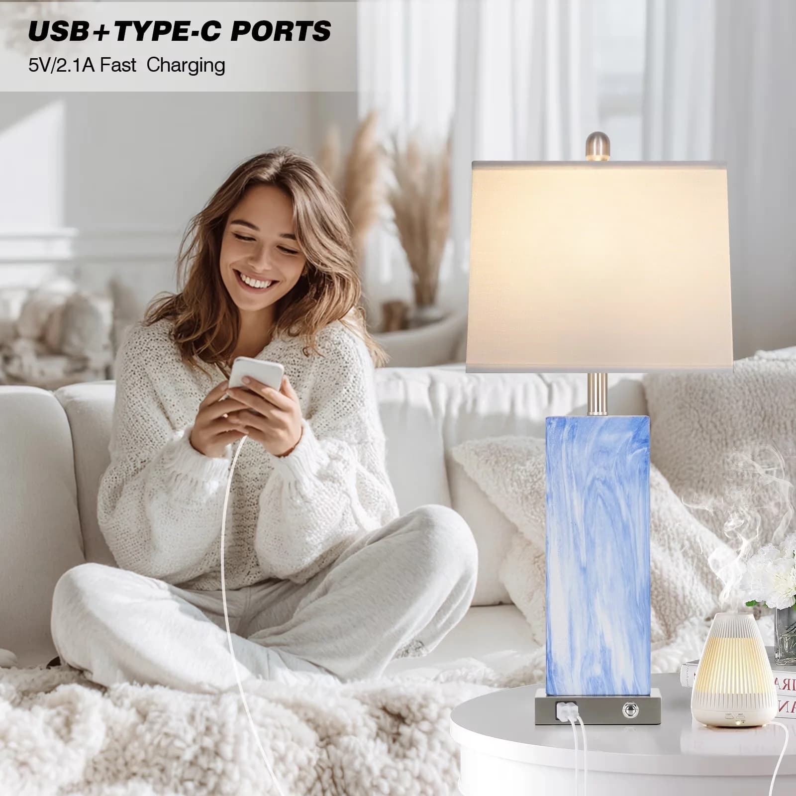 Reliable Lamp Set with LED, Modern, Usb Port - Blue Ceramic, Metal for Living Room, Bedroom Model 83306A