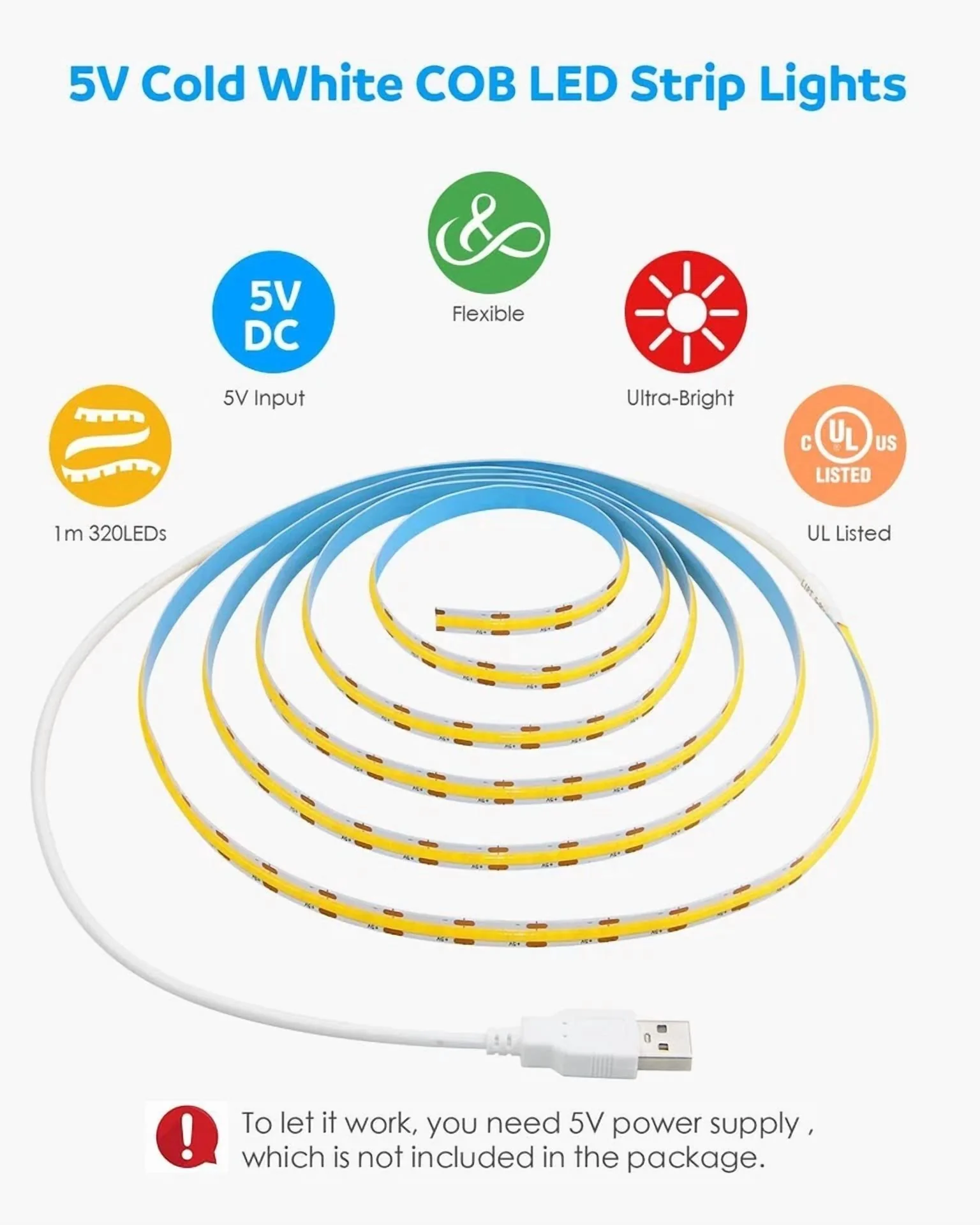 Led Lighting Modern with LED, Usb Cob Strip Light, 5V 6000K Daylight - White for Kitchen Model 05CB2A