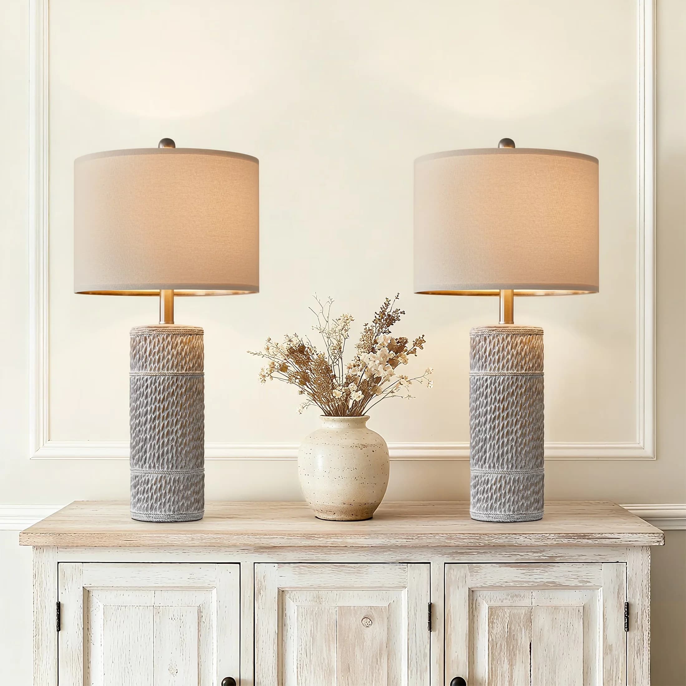 Lamp Set Stylish with LED, Energy Efficient, Eco Friendly - White Resin for Living Room, Bedroom Model 631DD4