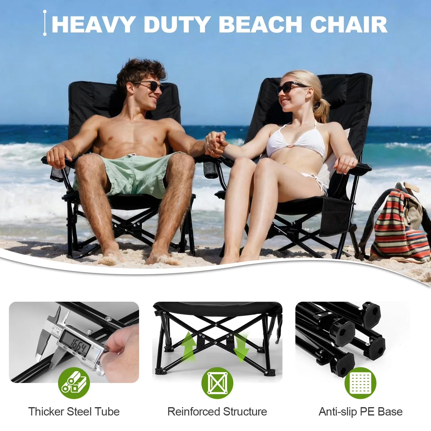 Compact Beach Chair with Folding, Rust Resistant - Black for Outdoor, Camping Model 12D443