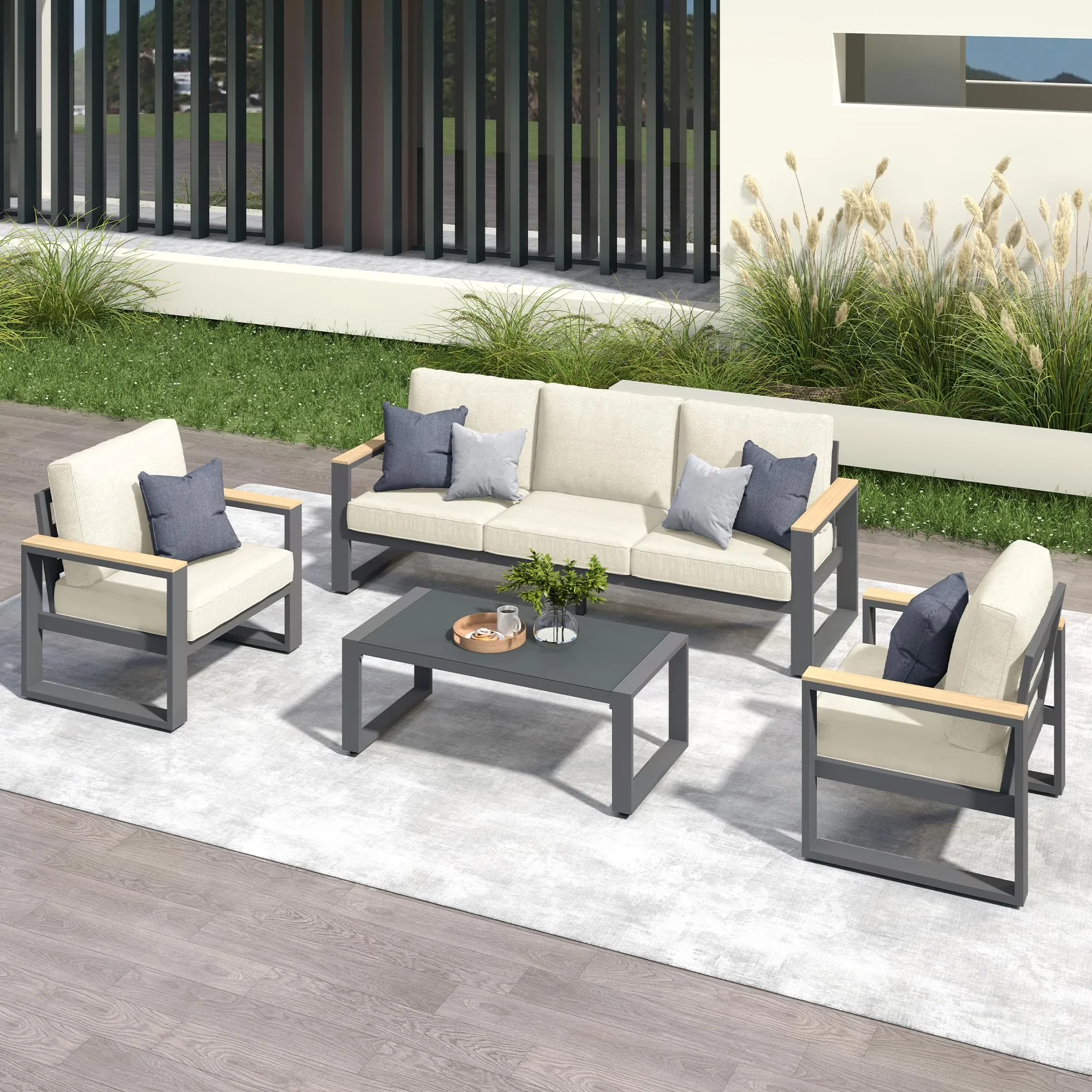 Modern Patio Conversation Set with 5-Seats Metal Outdoor Furniture, Coffee Table: 44''L x 22''W x 16''H, Modern Sofa Sets Outdoor -... Model 2A9D60