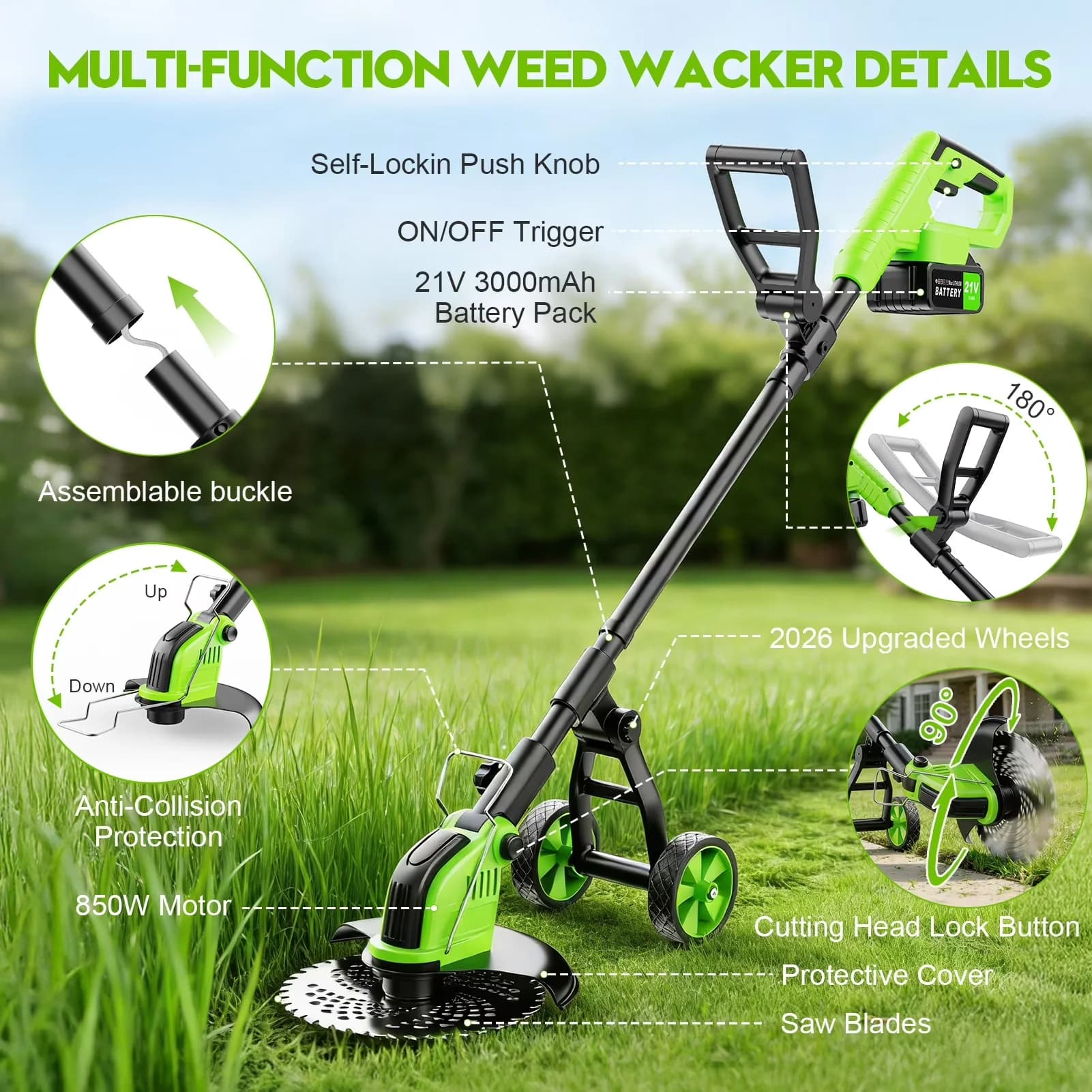 Compact String Trimmer with Battery, Brushless, Electric Weed Eater Battery Powered - Green Model 5D67A8