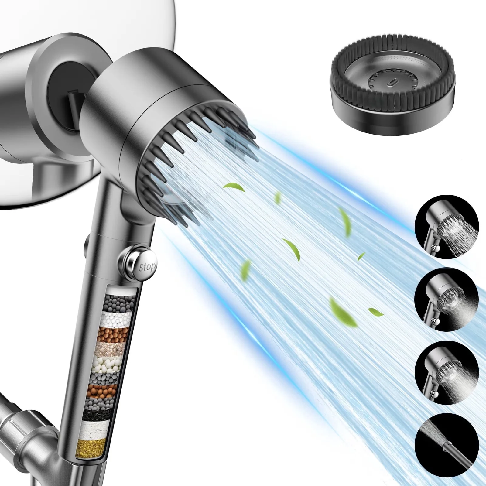 Quality Shower Head with Fade Resistant, Easy Release, Filtered - Gray Stainless Steel Model DB3880