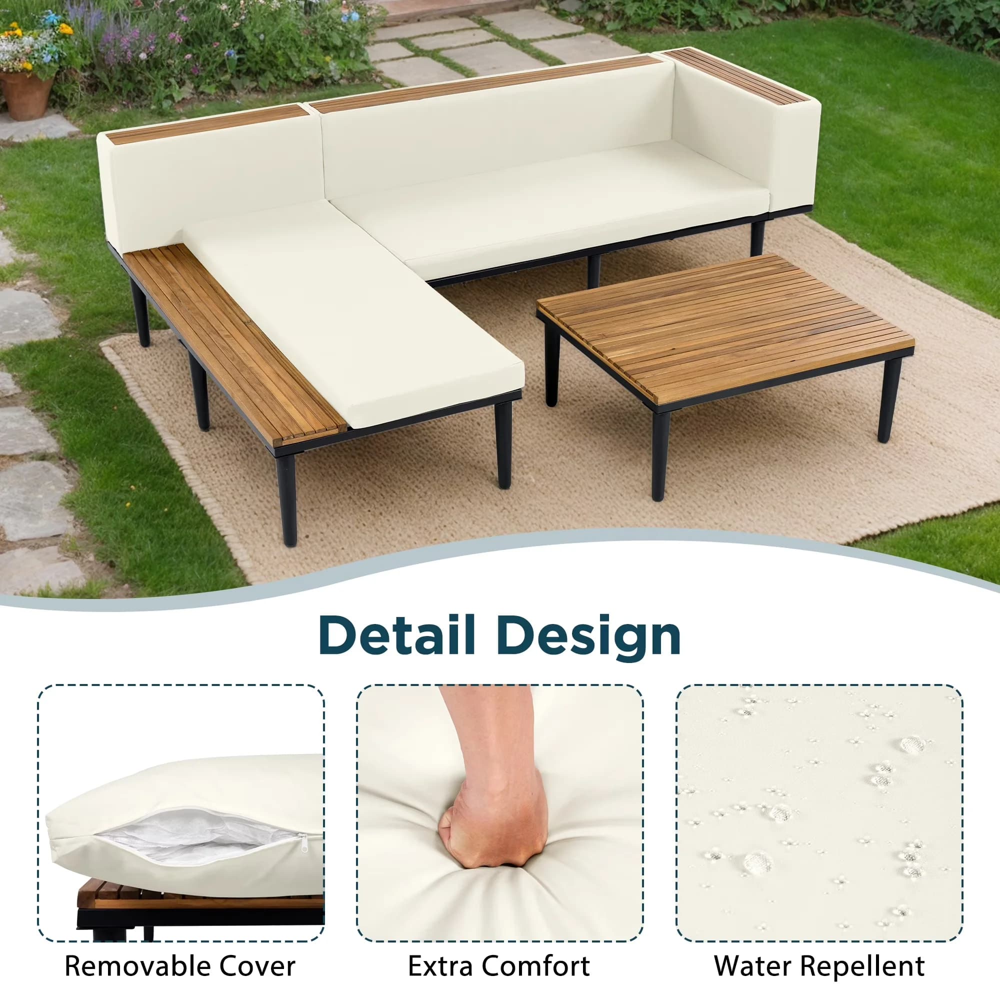 Professional Outdoor Sofas Sectional with Weatherproof, Side table - Wood Beige Model B9D441