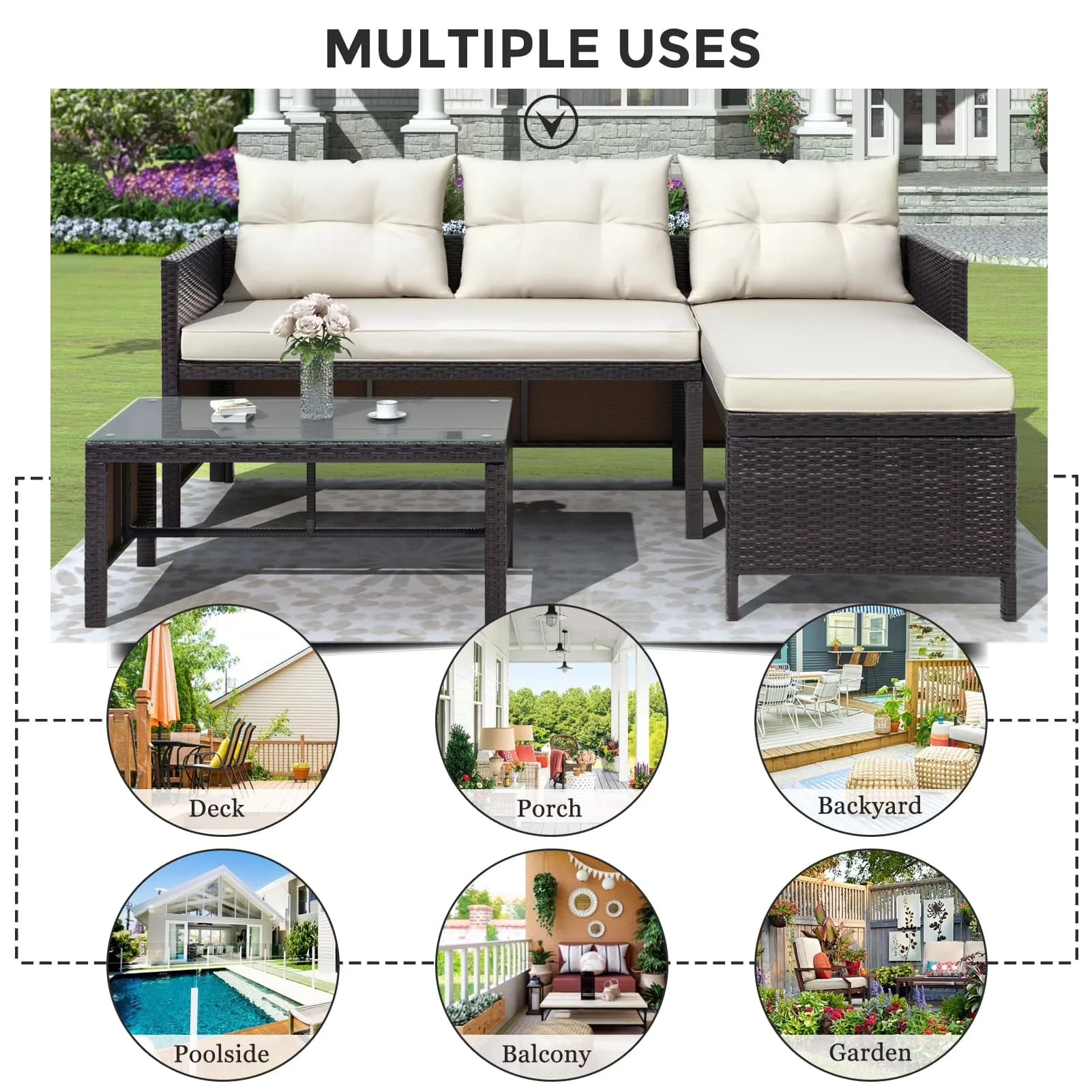 Innovative Outdoor Sofas Sectional with Weather-Resistant, Modern - Brown Pe Rattan,Steel, Tempered Glass, Polyester, Sponge Model 37FAA1