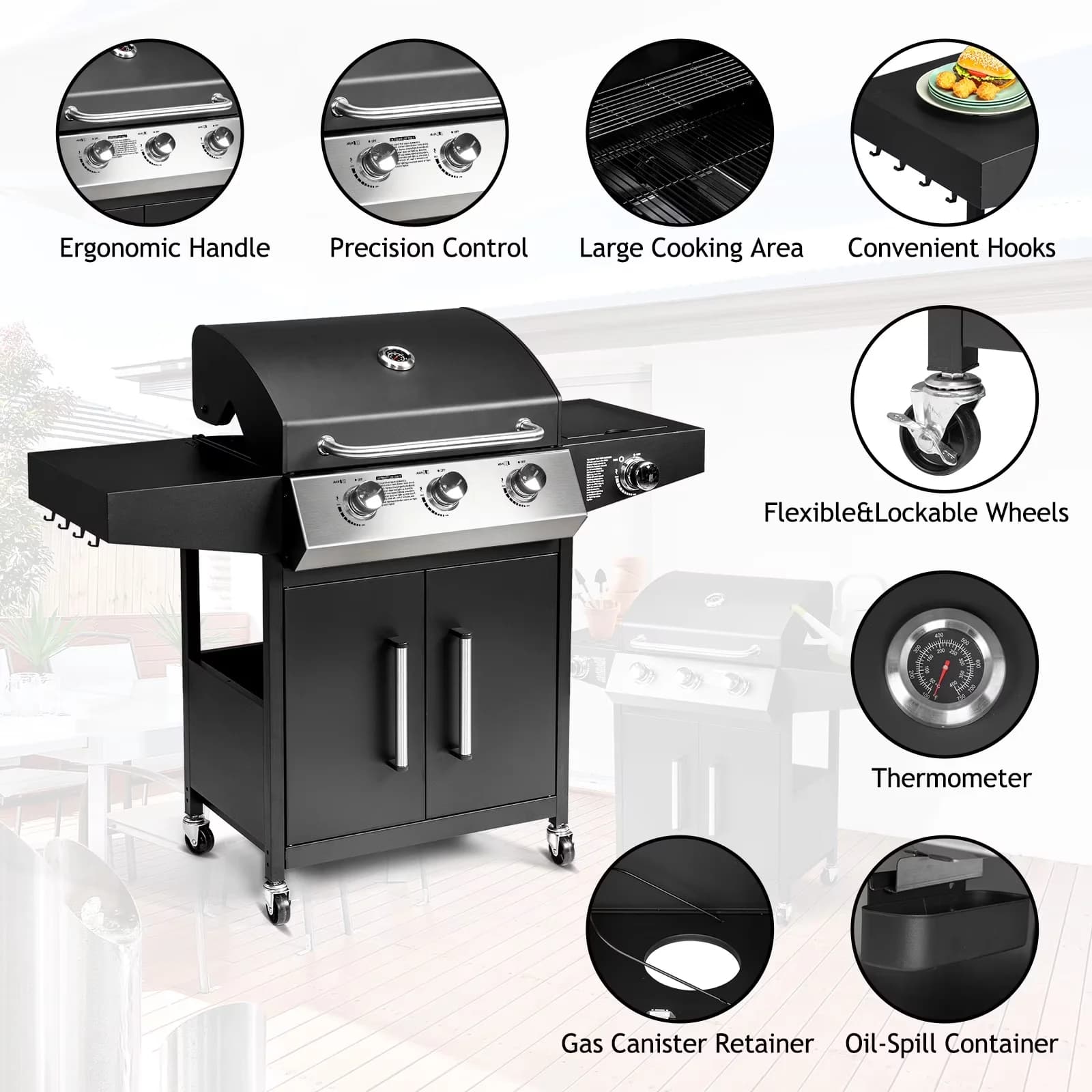 Versatile Gas Grill with 46000 BTU, Tool Holder - Iron, Stainless Steel for Camping Model B716AA