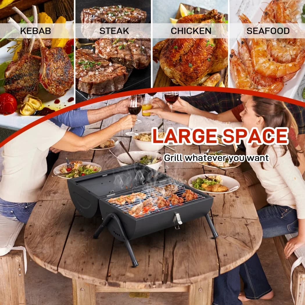 Modern Charcoal Grill with Compact Tabletop Barbecue, Portable, Thermometer & Wooden Handle - Steel Black for Outdoor, Camping Model 748096