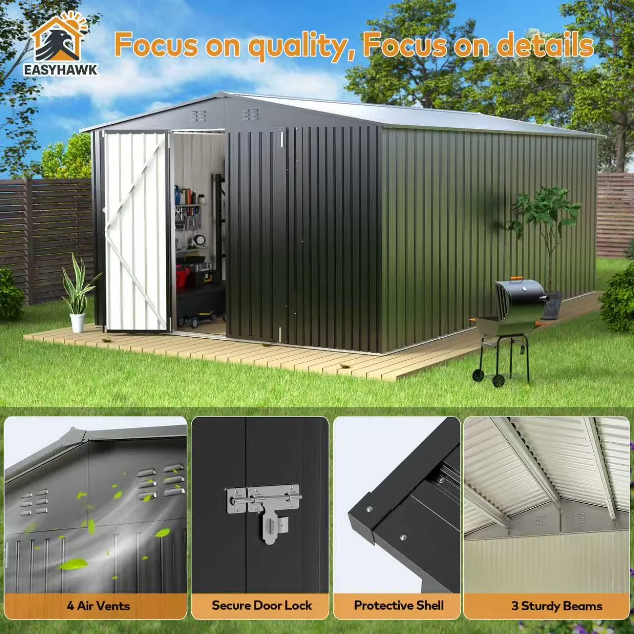 Professional Shed with Uv Resistant, Lockable Door, Lockable Doors - Black Metal Model 947BD6