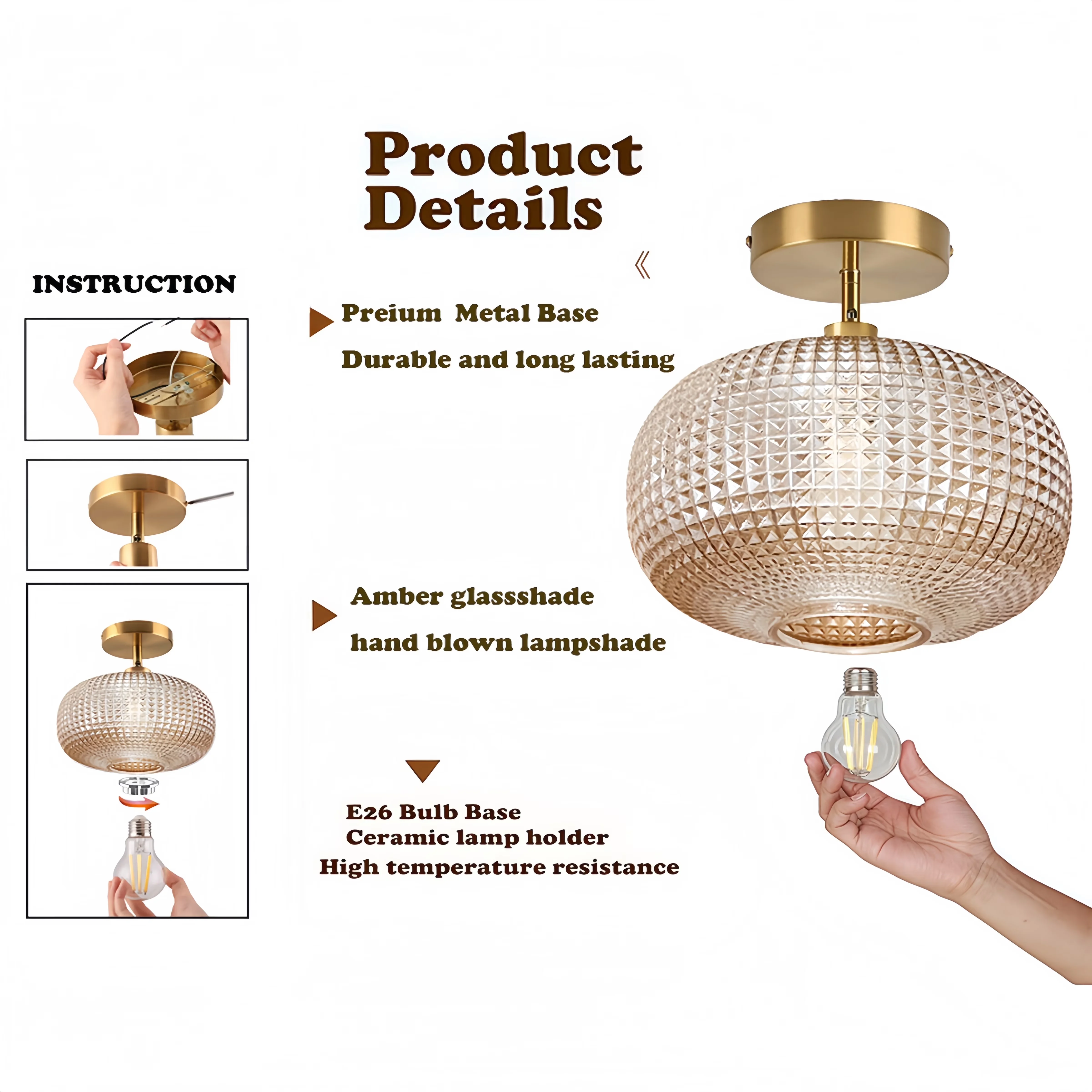 Stylish Ceiling Lights Fixture with Incandescent, Energy Efficient, Modern - Metal Gold for Bedroom, Bathroom Model 0E4C45