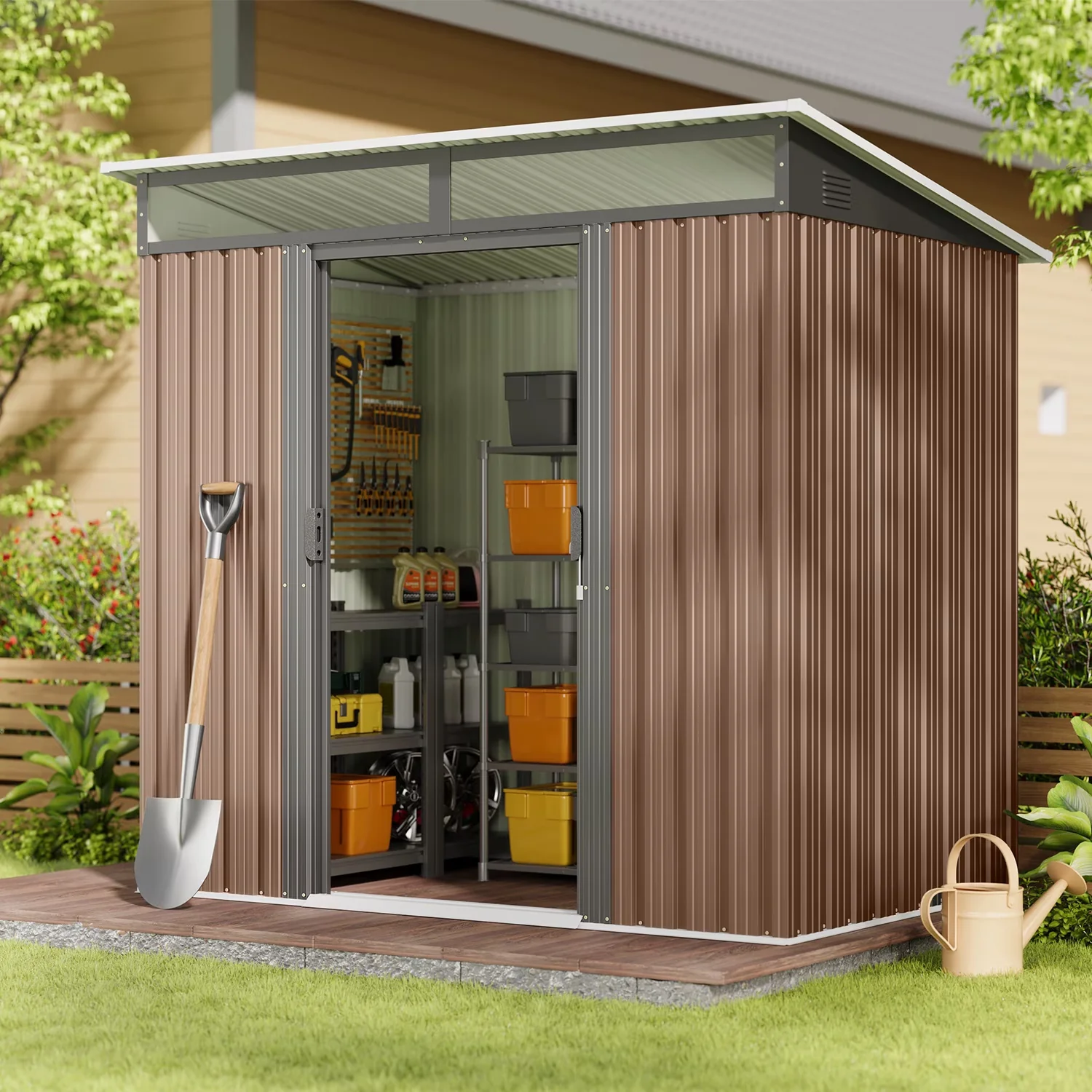 Modern Shed with Lockable Door, Outdoor Storage, Color: Black/Brown - Brown Steel Model 771FAD