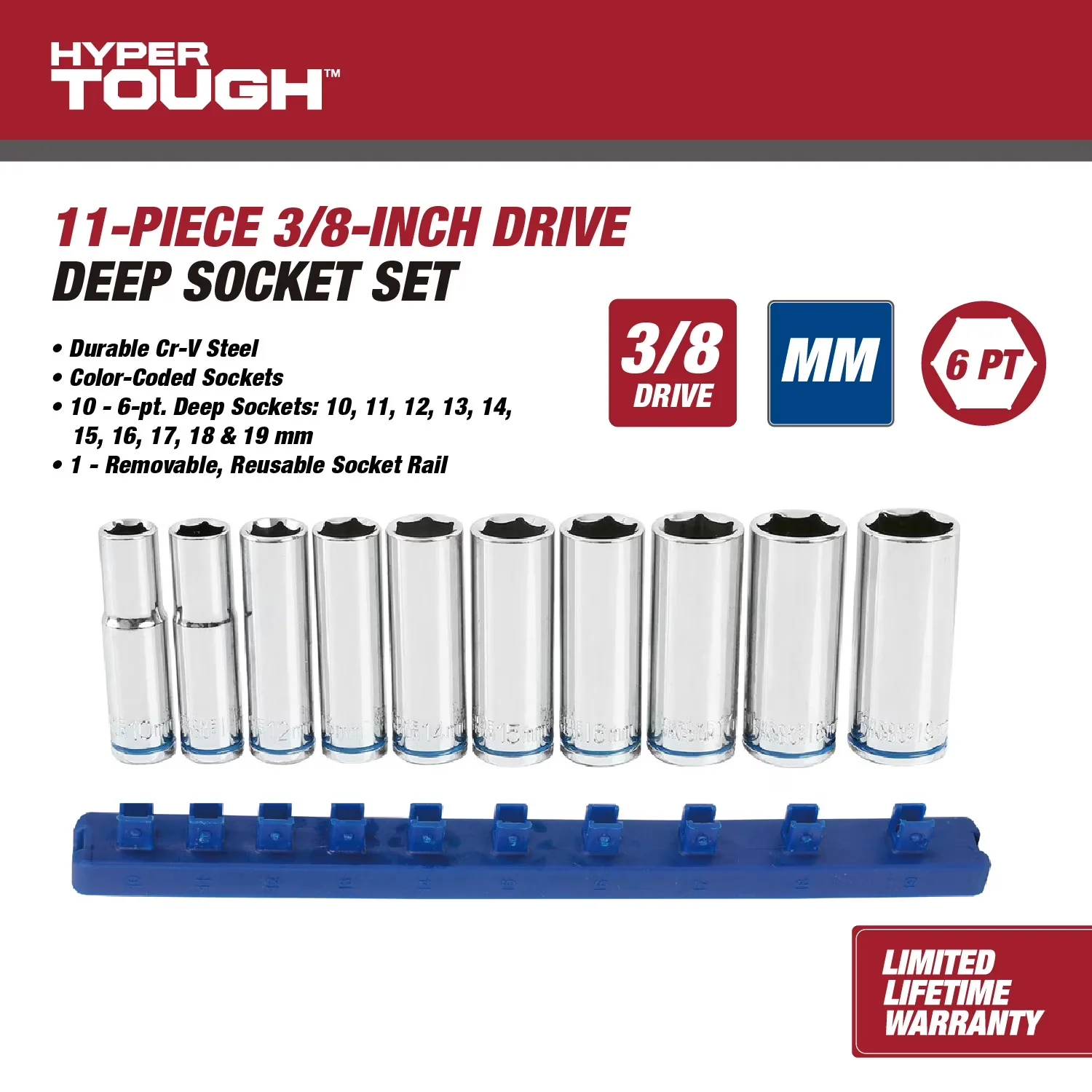 Hand Tool Set Reliable with Long-Lasting, Removable, Reusable Socket Rail, 10 Deep Sockets - Steel Model D41047
