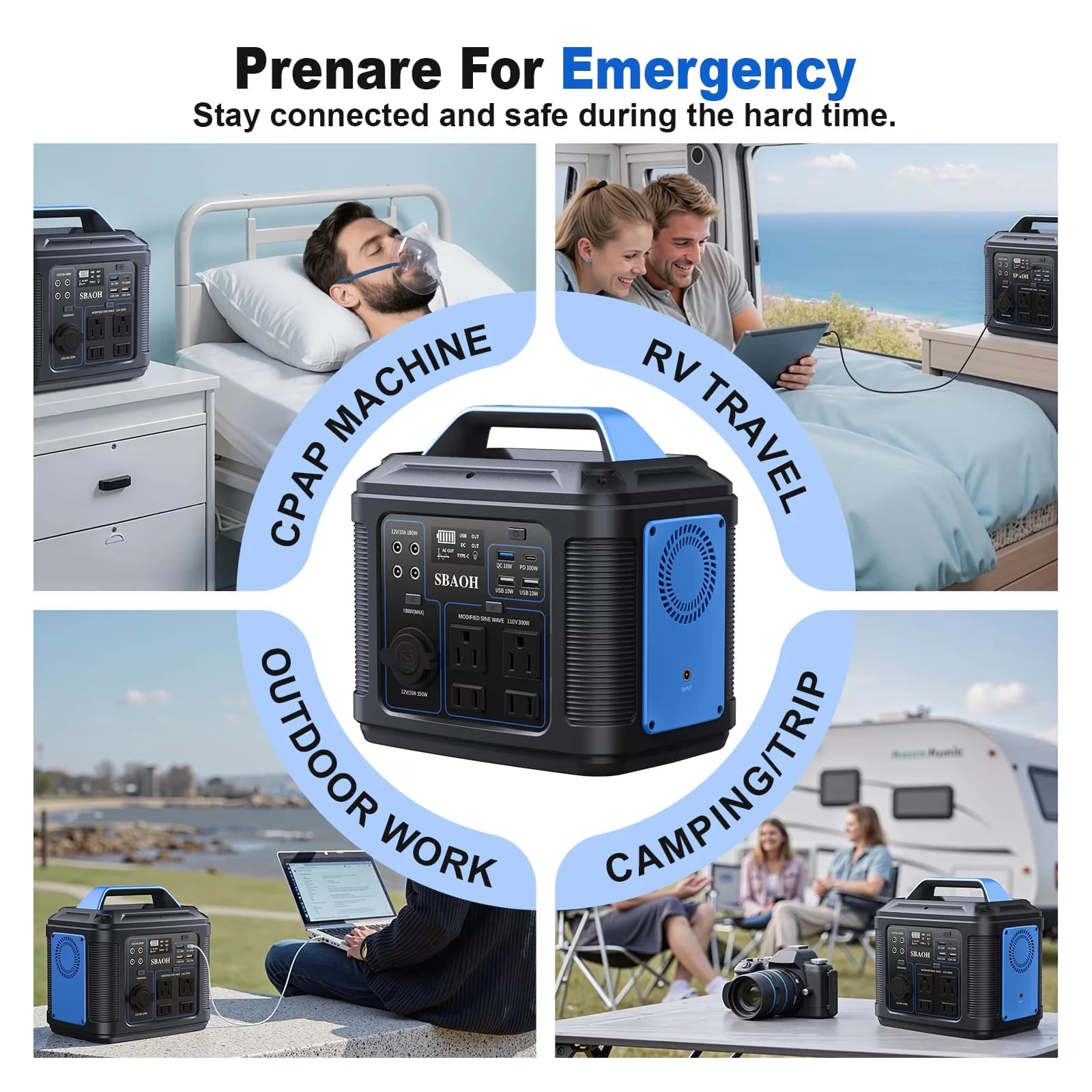 Durable Generator with 300W, Overload Protection, Digital Display - Blue for Camping Model D5764F