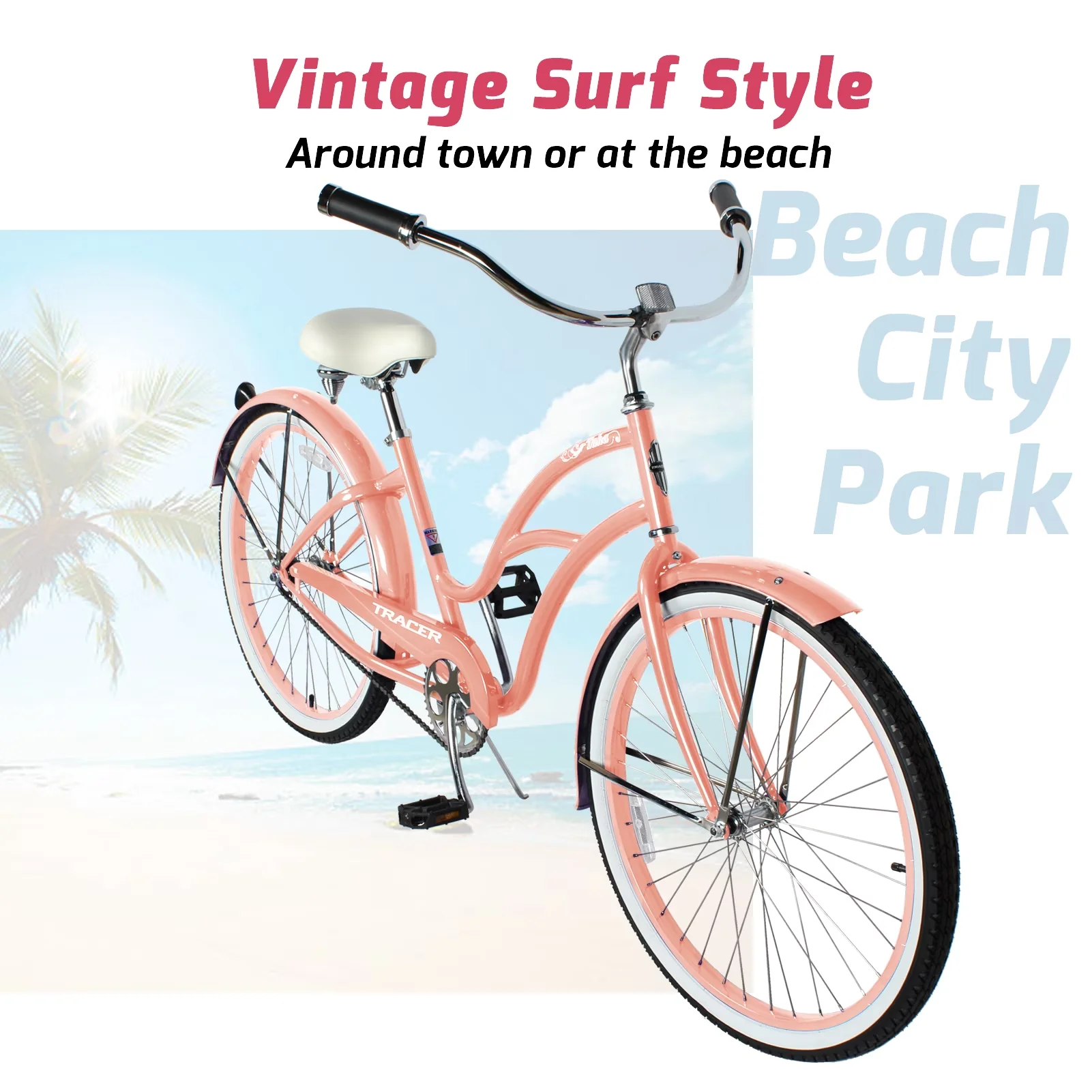 Sleek Cruiser Bike with Peach, Hi-Ten Steel, 26 inch Wheels - Professional Series Model E5F975