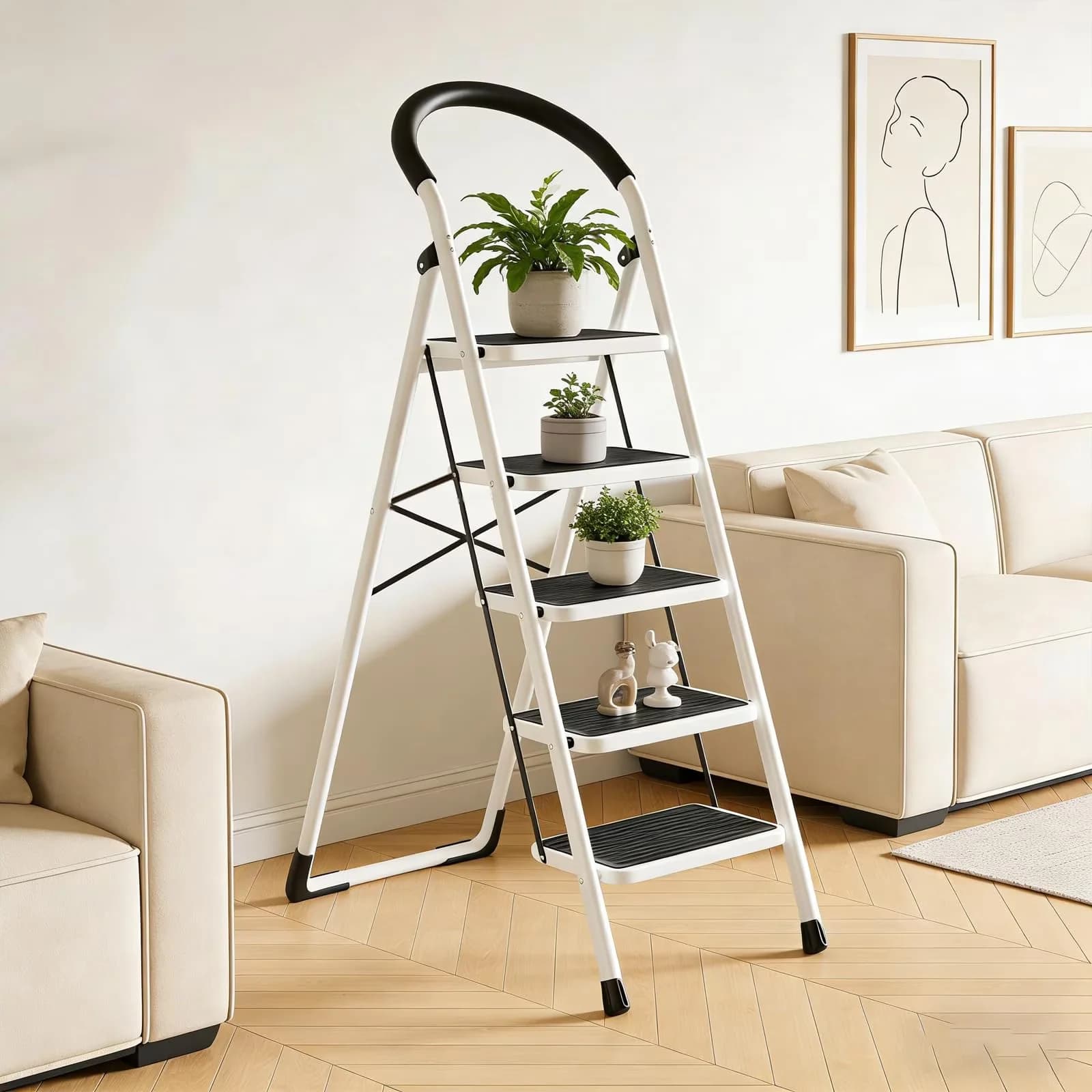 Ladders And Step Stool Modern with Anti-Slip, Foldable, 5 Ladder - Metal White Model D4902A