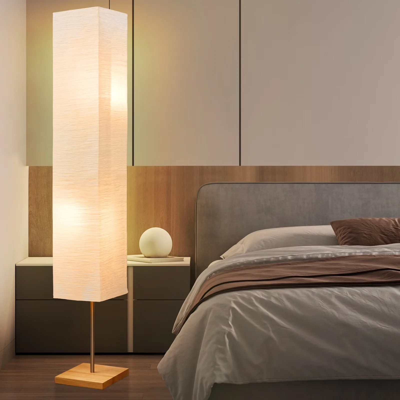 Essential Floor Lamp with LED, Dimmable, Bulb Shape Size: A19 - White Wood for Living Room, Bedroom Model 5C5B22