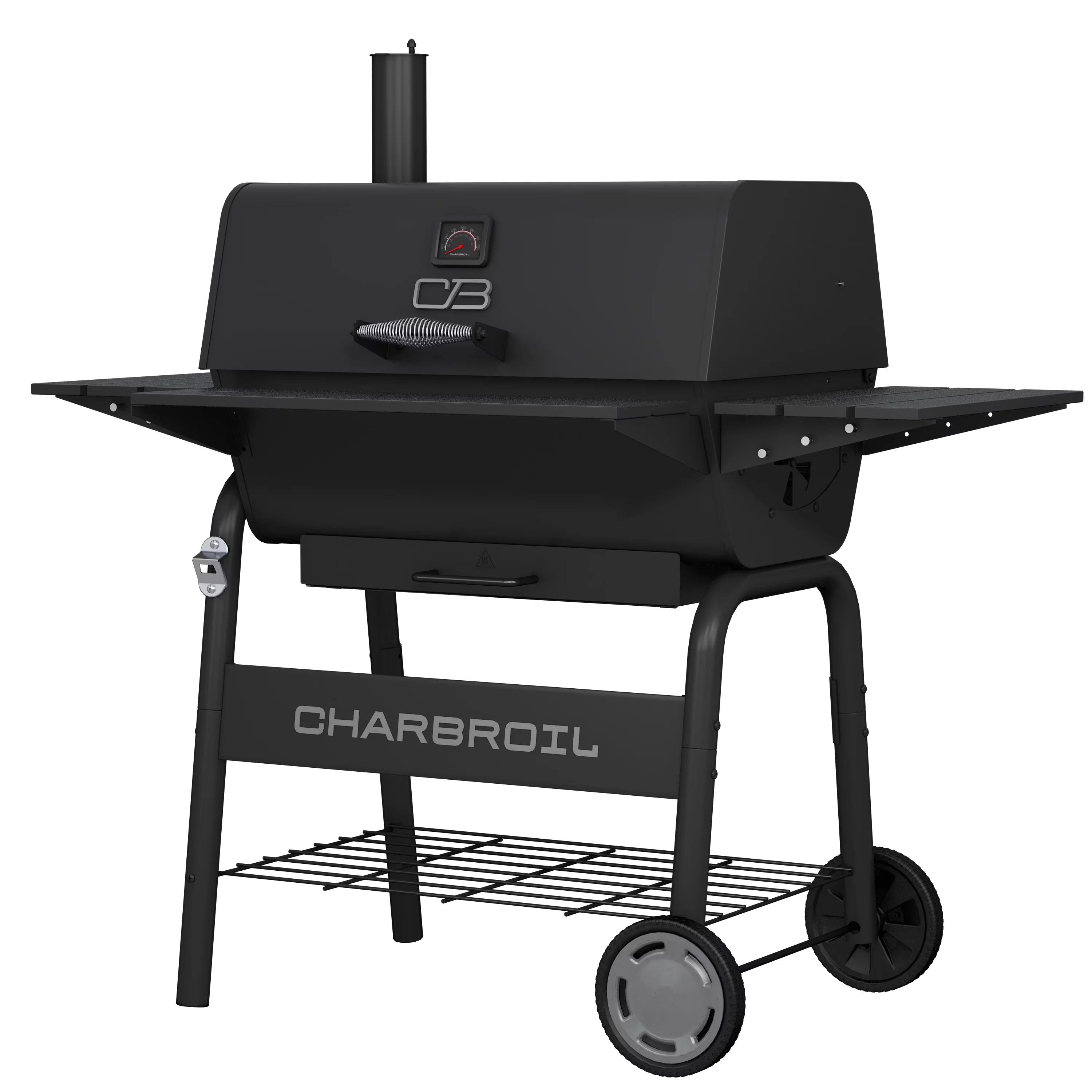 Durable Charcoal Grill with Heat Thermometer, Storage Rack - Black Heavy Duty Steel Model EEE577