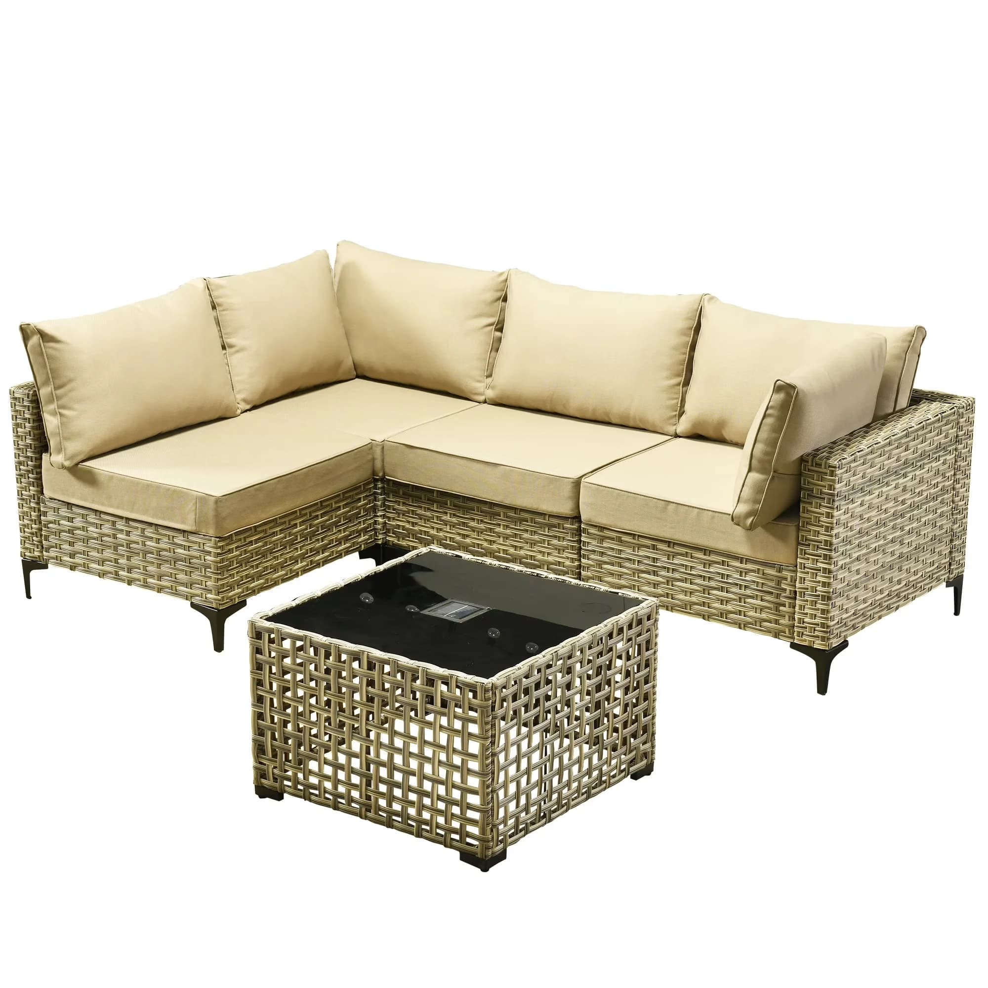Reliable Outdoor Sofas Sectional with High-Back & Solar Lamps Coffee Table - Beige Stainless Steel Model 7E3939