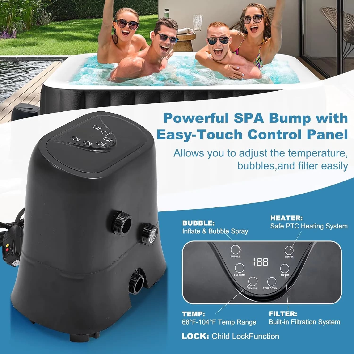 Durable Hot Tub with LED, Energy Efficient, 73 inch Outdoor Inflatable - Black Model C26945