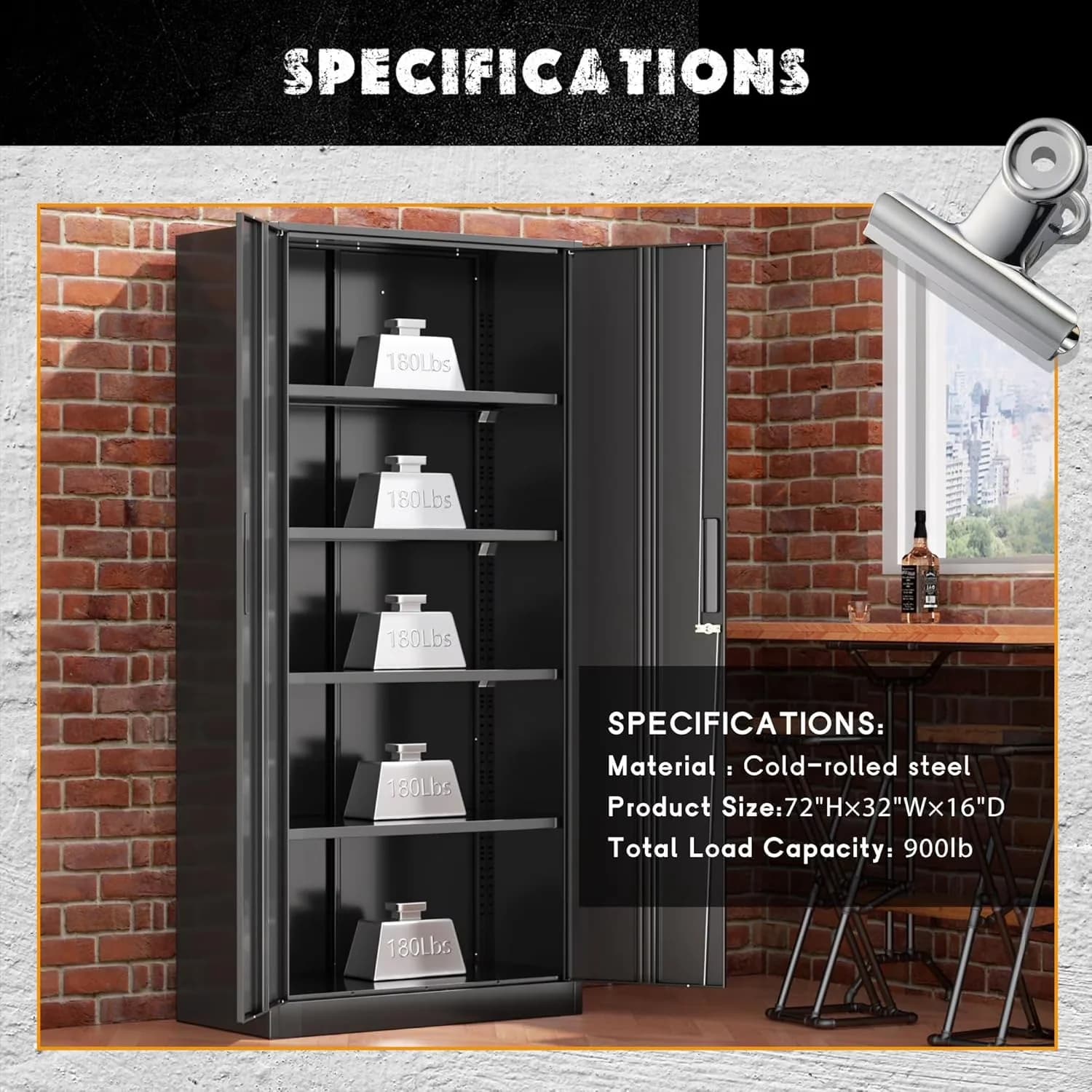 Compact Garage Storage Supply with Lockable, Adjustable Shelves, 71" Metal Cabinet - Black Metal for Home, Office Model A09ED2