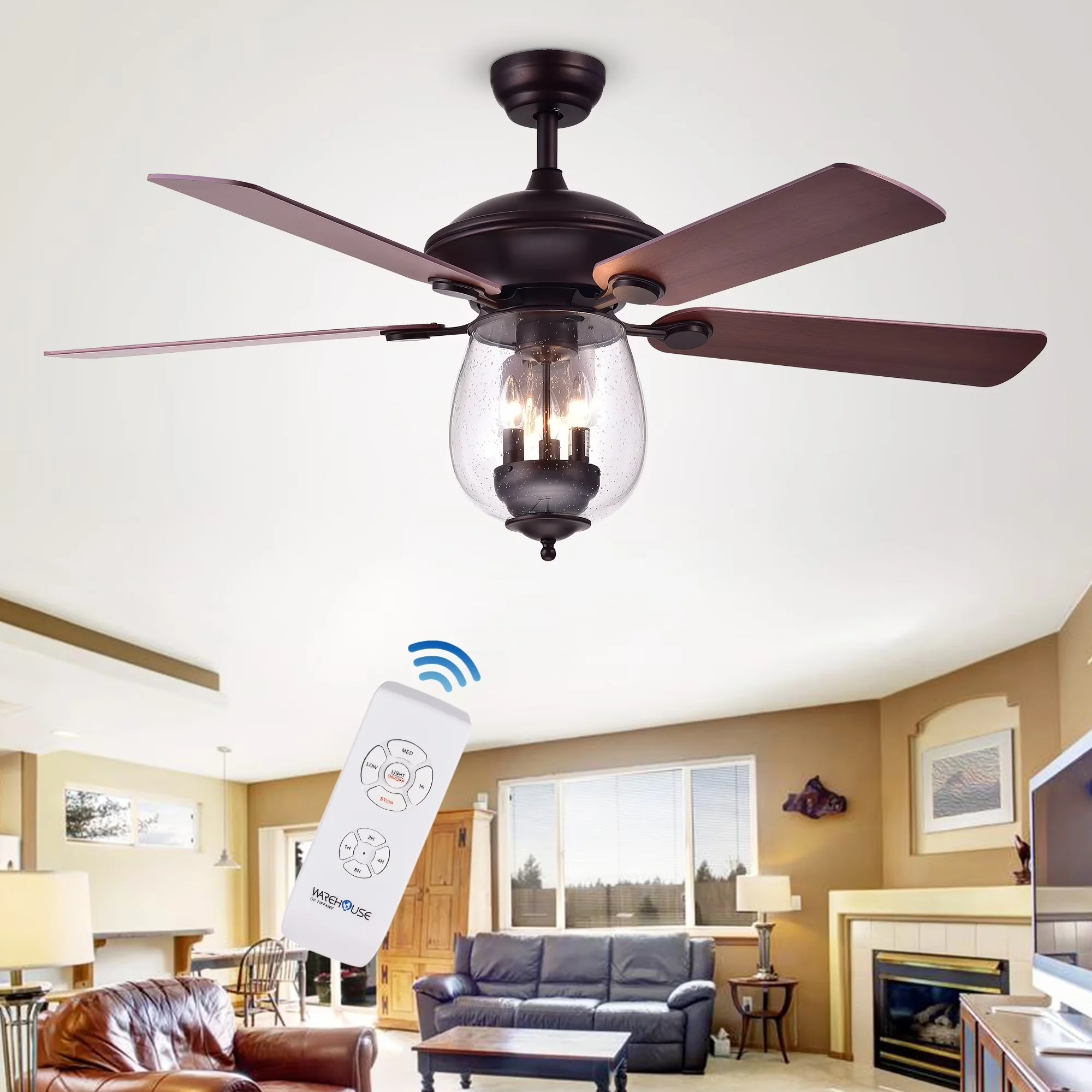 Stylish Ceiling Fan with Incandescent, Remote Controlled - Bronze Glass Model 033DE6