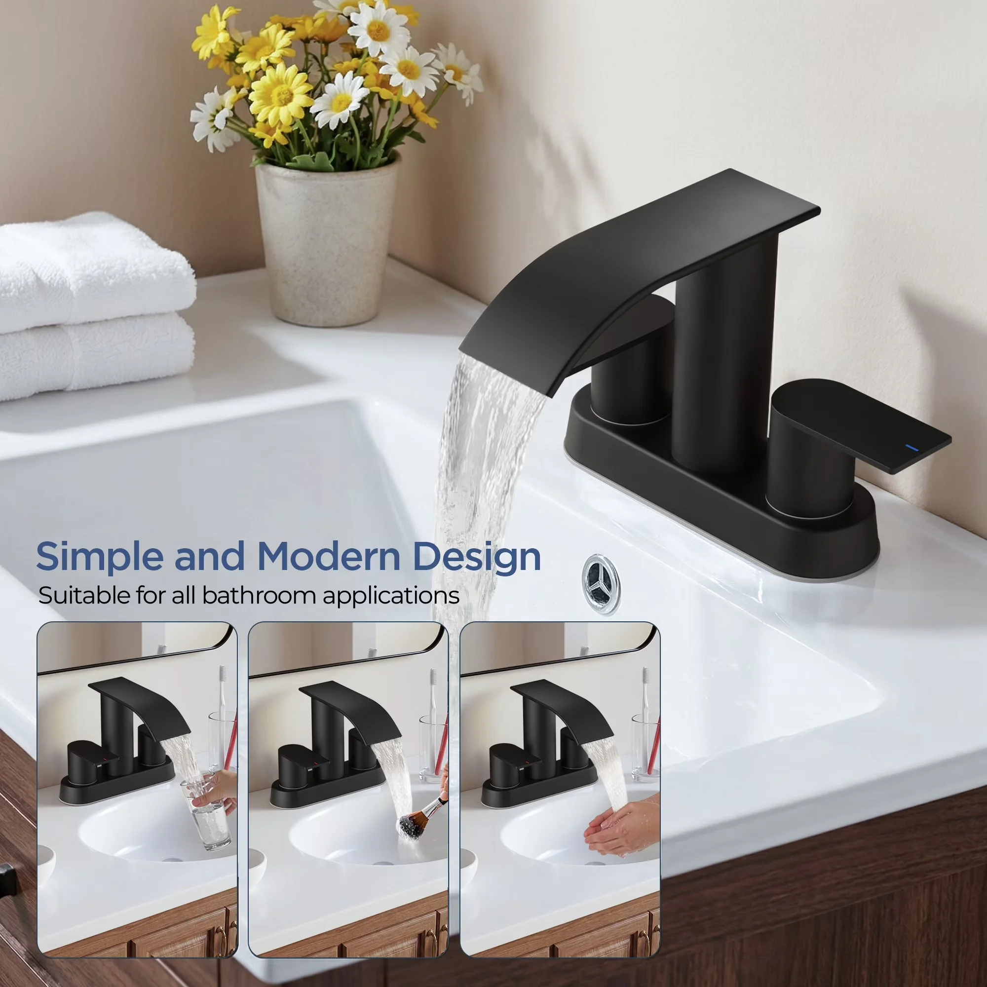 Compact Kitchen Renovation with Waterfall Centerset Bathroom Faucets - Stainless Steel Black Model 041F09