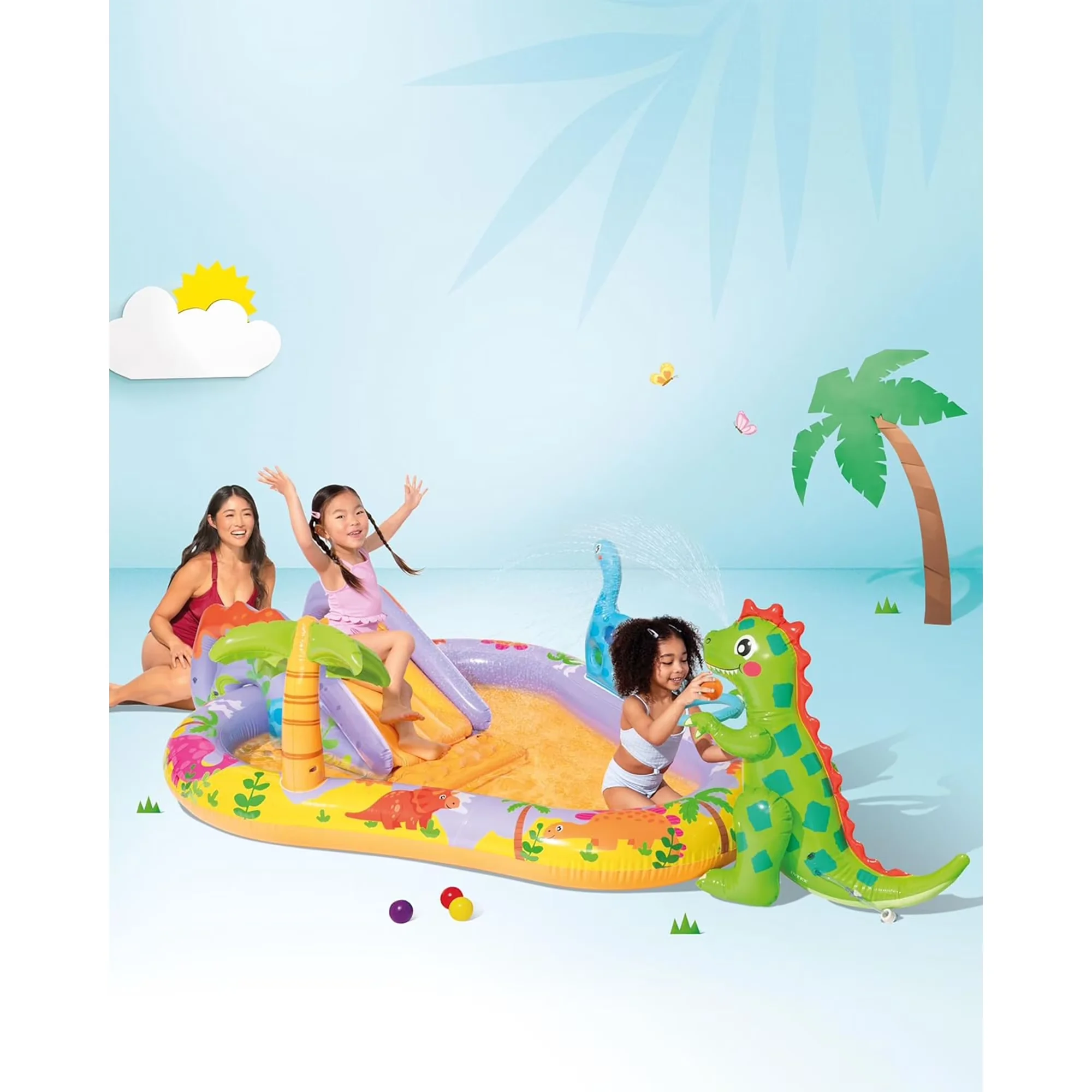 Premium Inflatable Pool with & Splash Pad, Kids Play Center w/ Sprayer, Slide - Multicolor Model E8B889